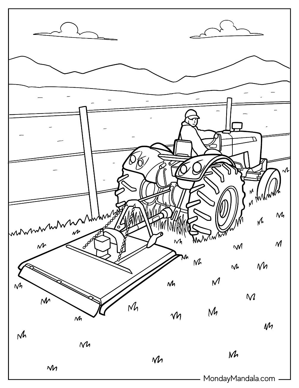 Realistic Farmer on Tractor Coloring Page Cutting Grass by the Fence
