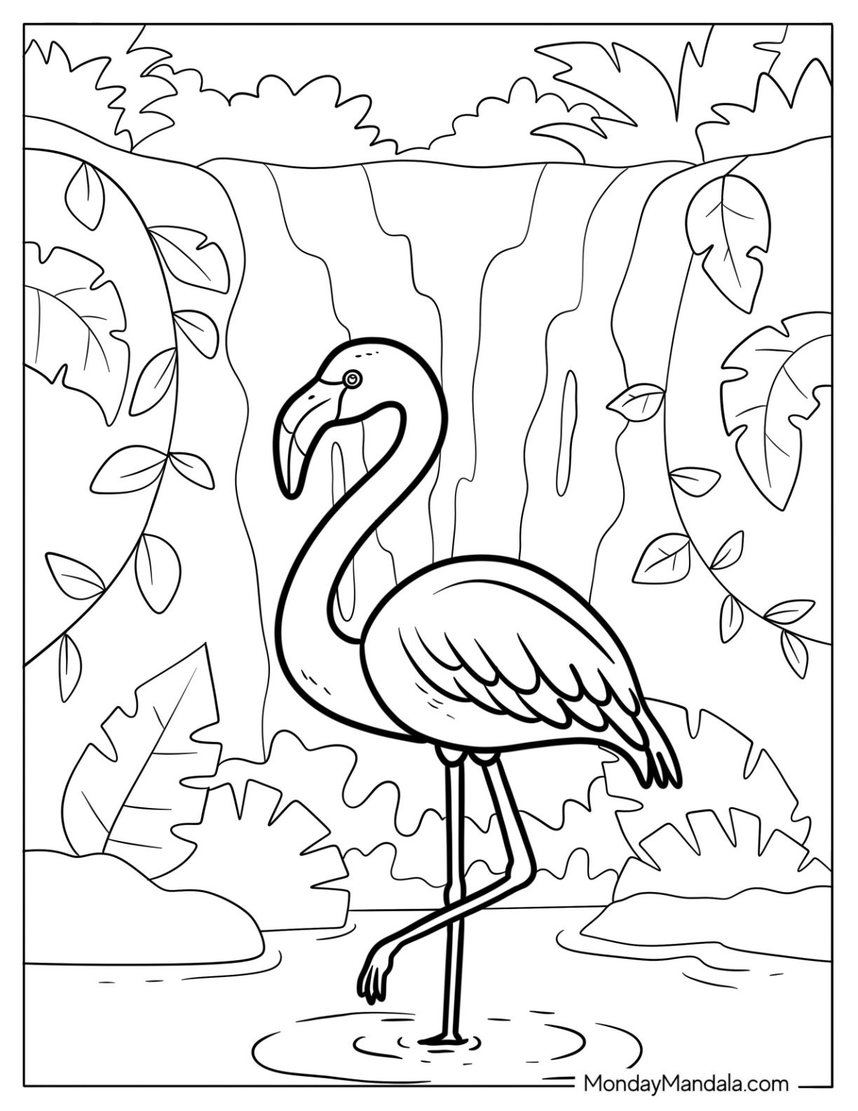 Realistic Flamingo With Waterfalls In The Background