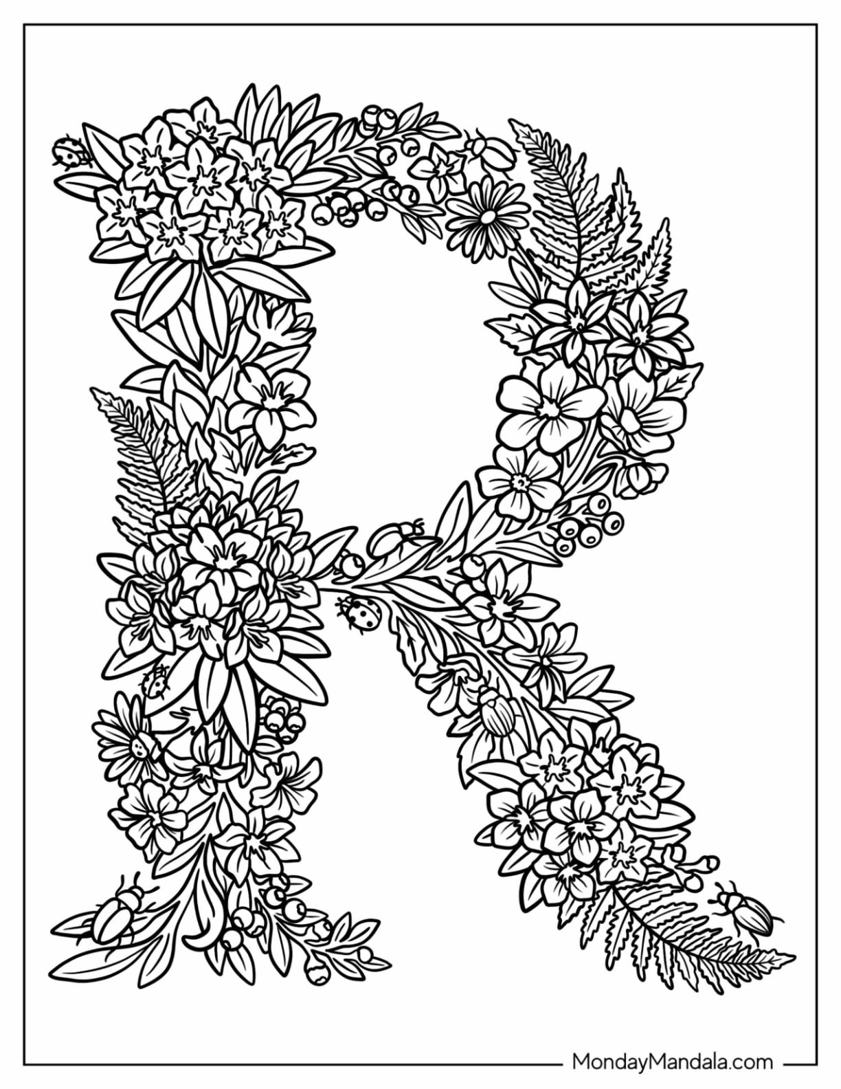 Realistic Floral Big Letter R Coloring Page