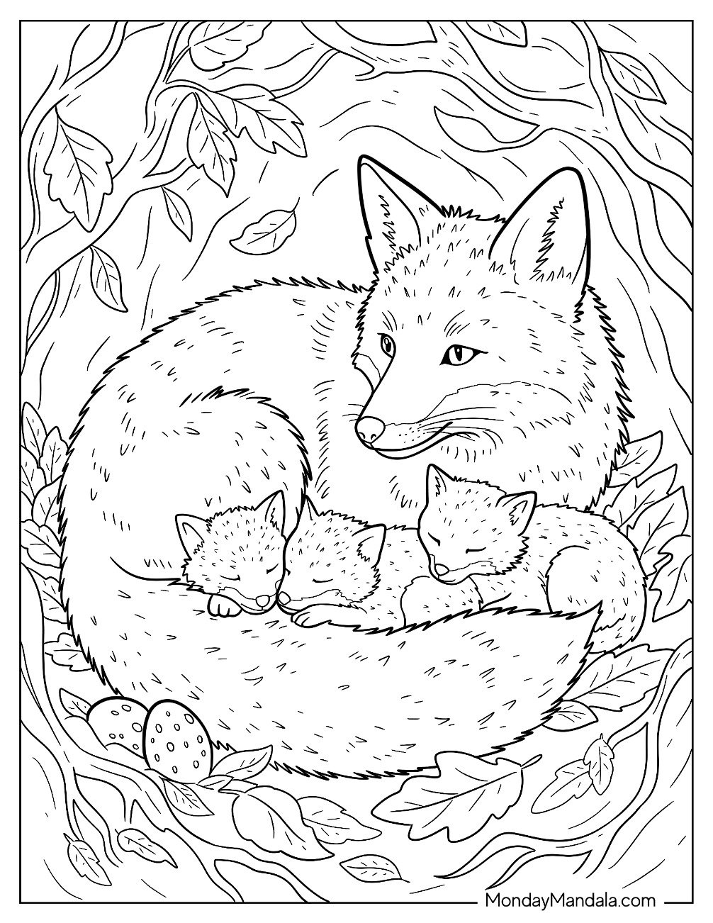 Easter For Adults Coloring Page of Realistic Fox with Cubs Curled Up in a Nest