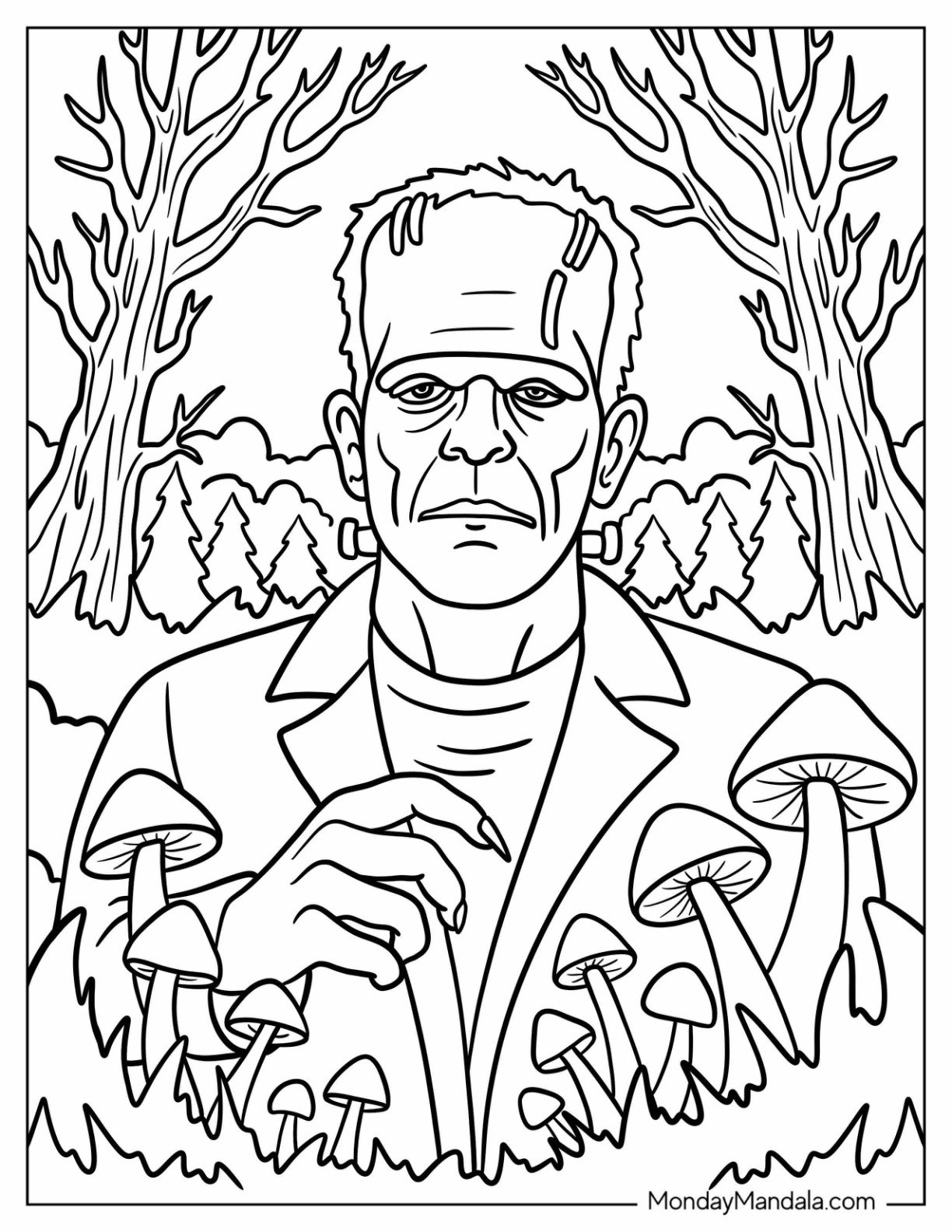 Realistic Frankenstein Coloring Page In Forest With Mushrooms