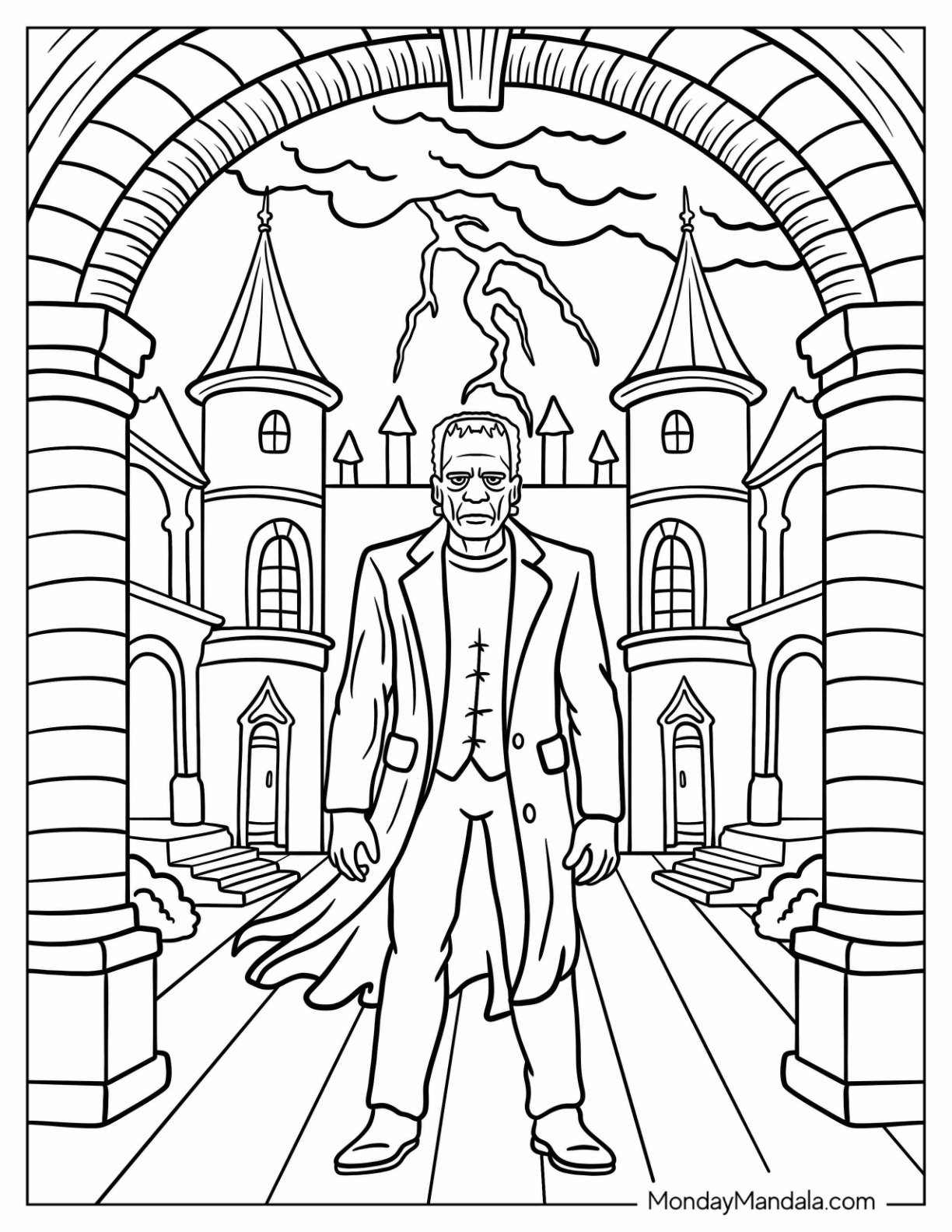 Realistic Frankenstein Coloring Page Standing in The Courtyard of A Haunted Castle