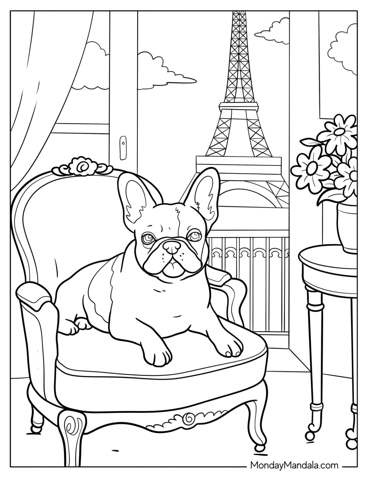 Realistic French Bulldog Coloring Page Resting on a Chair with View of Eiffel Tower