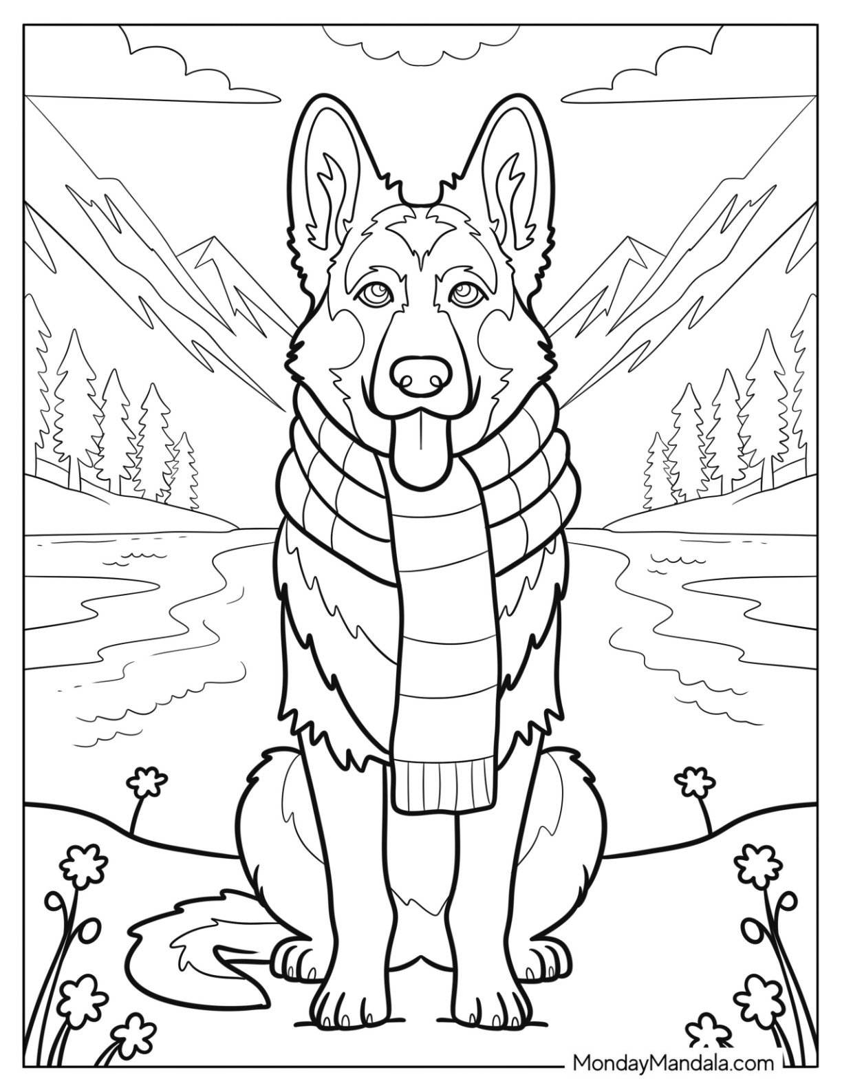 Realistic German Shepherd Coloring Page with Long Scarf in Mountainous Terrain
