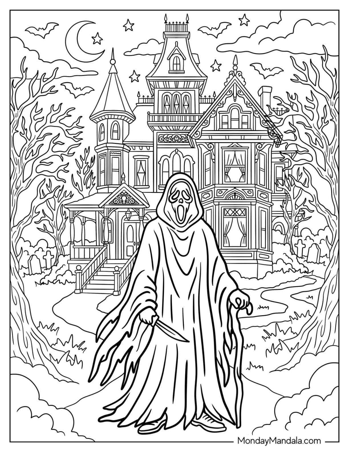 Realistic Ghost Face in Front of a Haunted Mansion