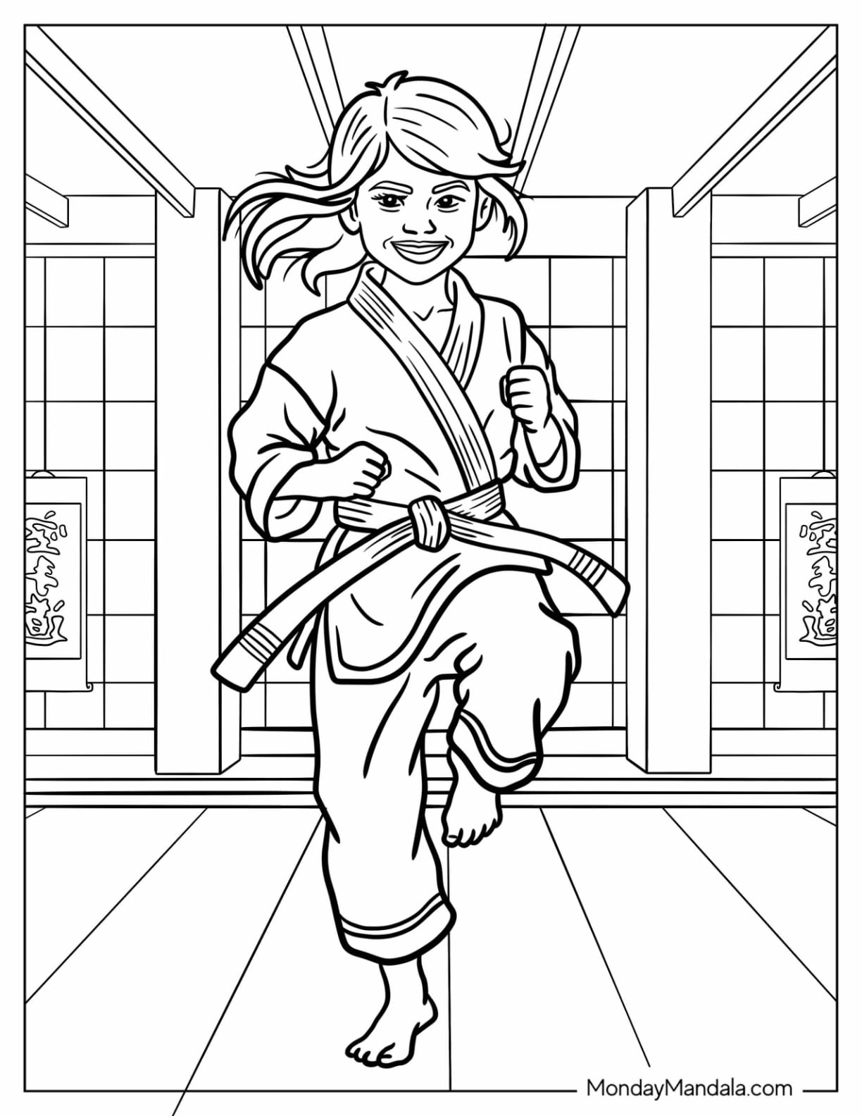 Realistic Girl Doing Karate in a Dojo Coloring Page
