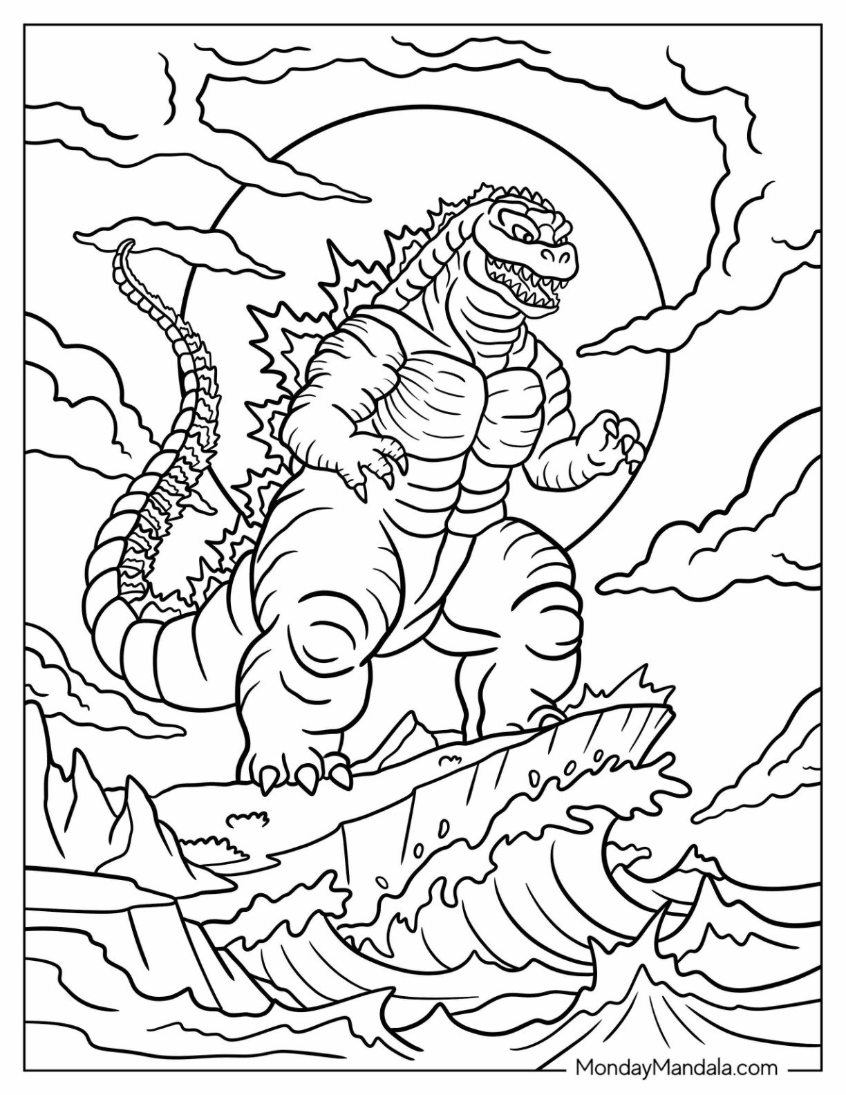 Realistic Godzilla Coloring Page Roaring On A Crashing Ocean Cliff