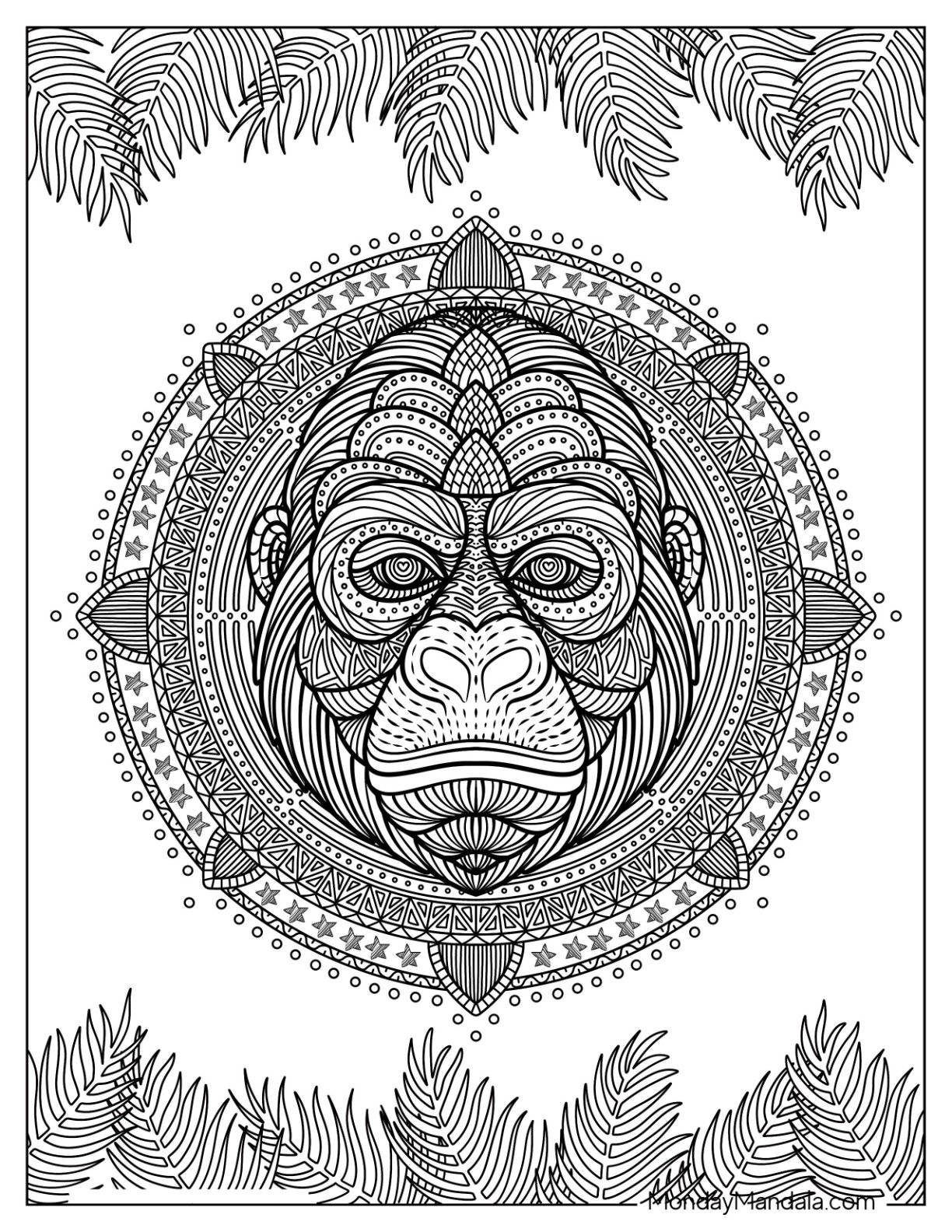 Realistic Gorilla Coloring Page Mandala with Leaves and Stars