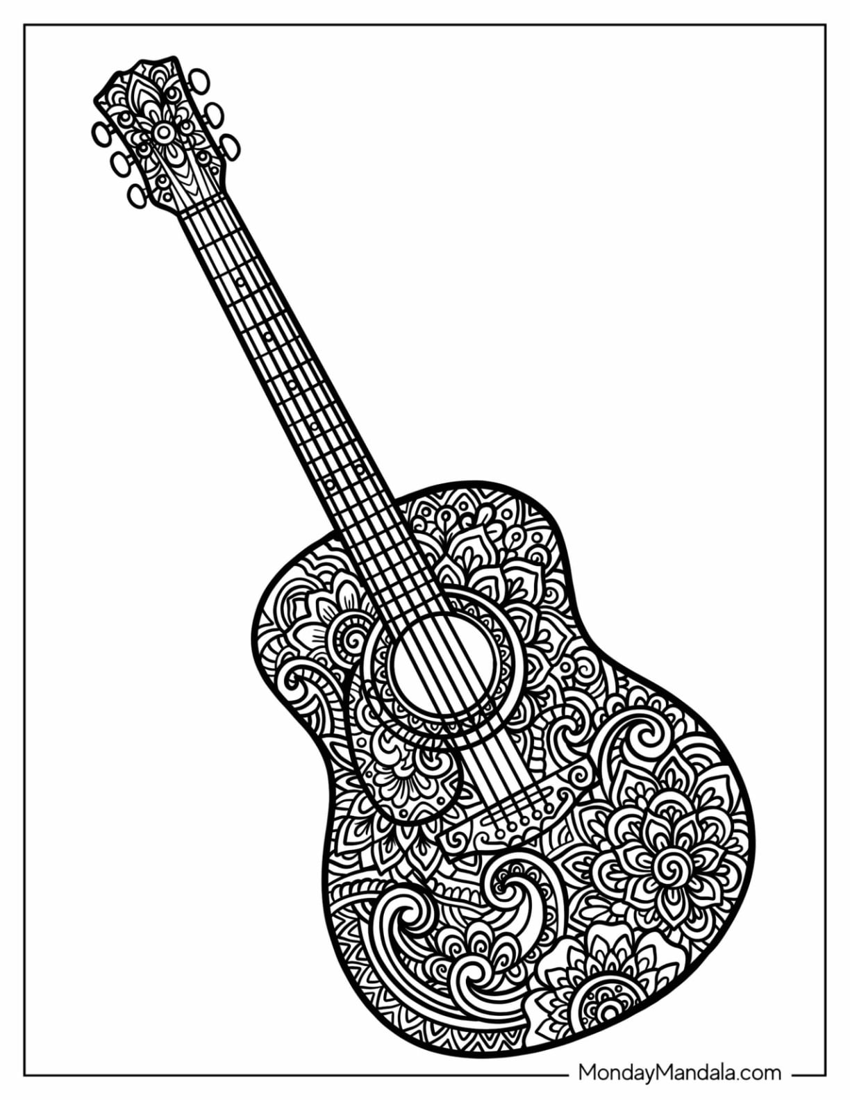 Realistic Guitar Coloring Page with Intricate Mandala Pattern