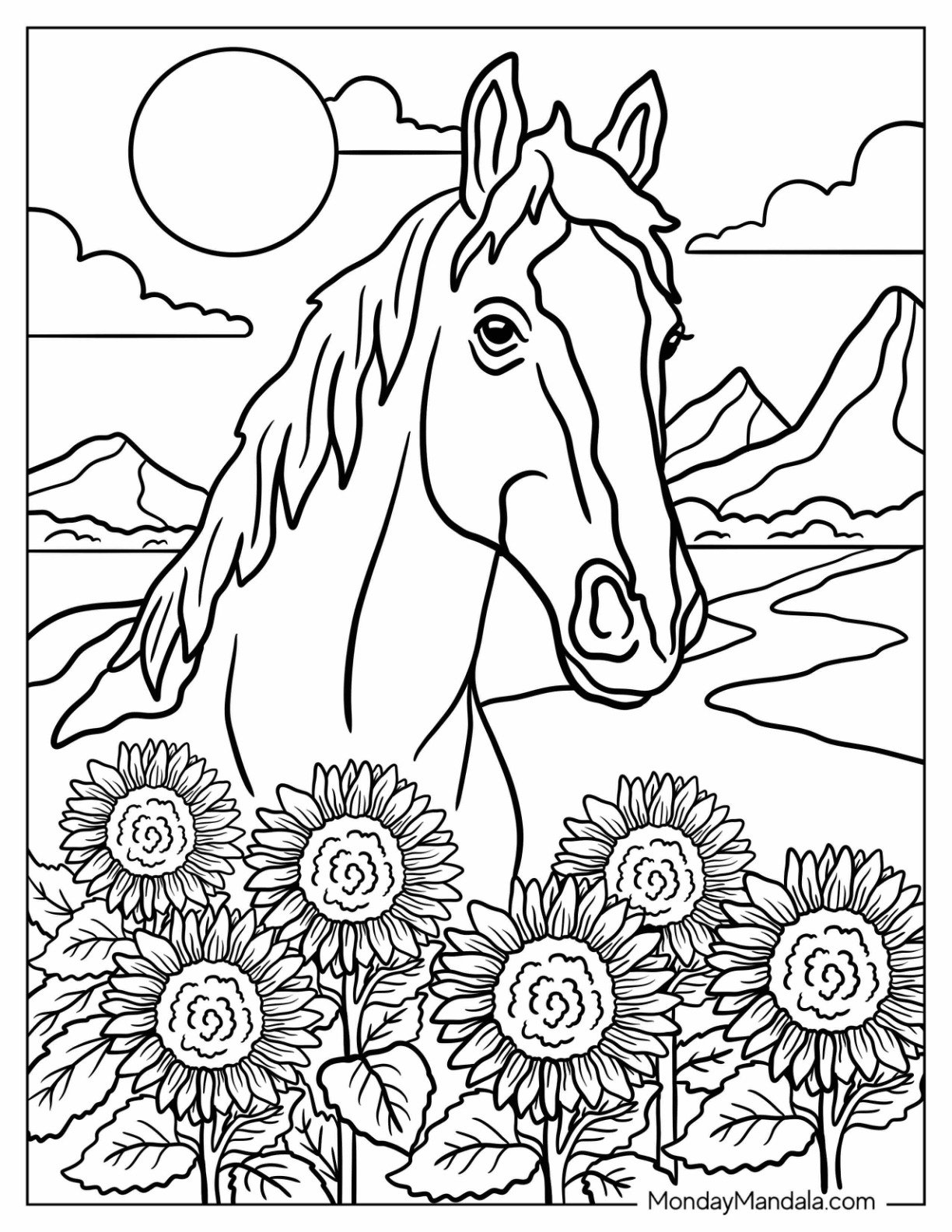 Realistic Horse Coloring Page Standing in Front of Sunflowers on Sunny Day