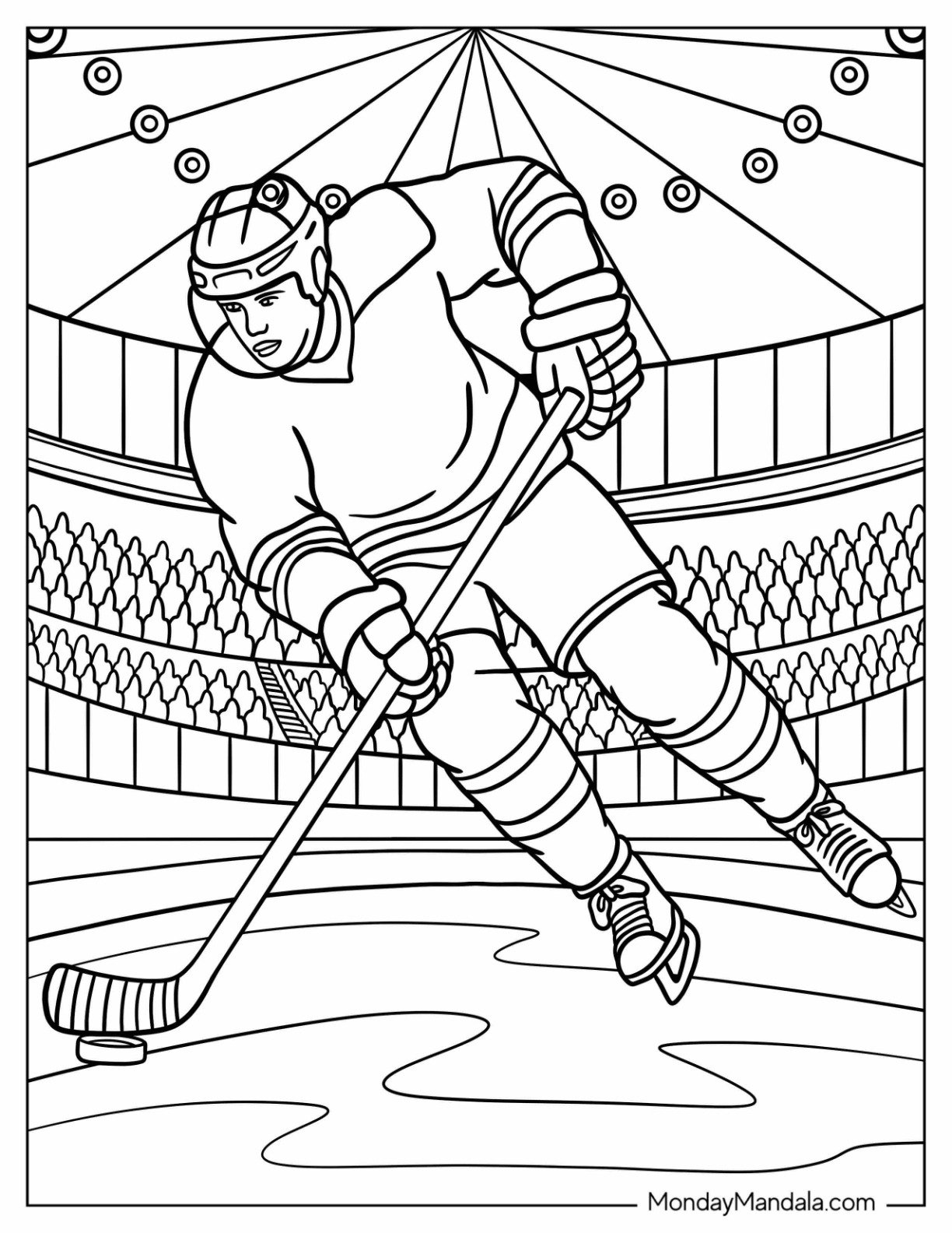 NHL & Hockey Coloring Page of Realistic Ice Hockey Player in the Rink Moving the Puck