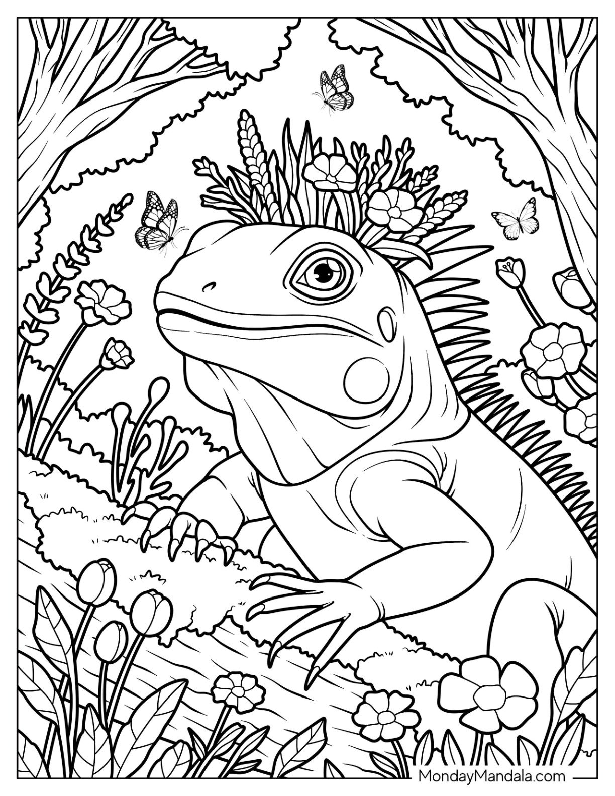 Realistic Iguana Coloring Page Surrounded by Flowers