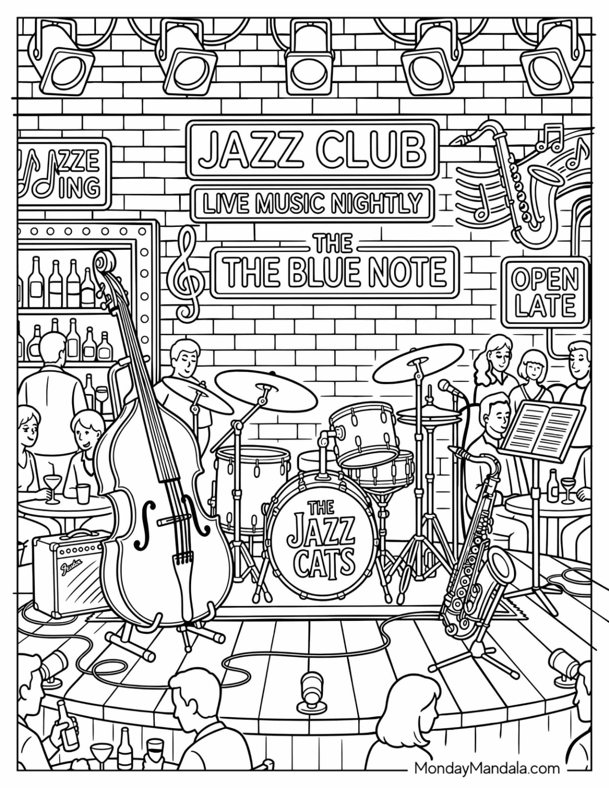 Realistic Jazz Club Stage with Musical Instruments Coloring Page