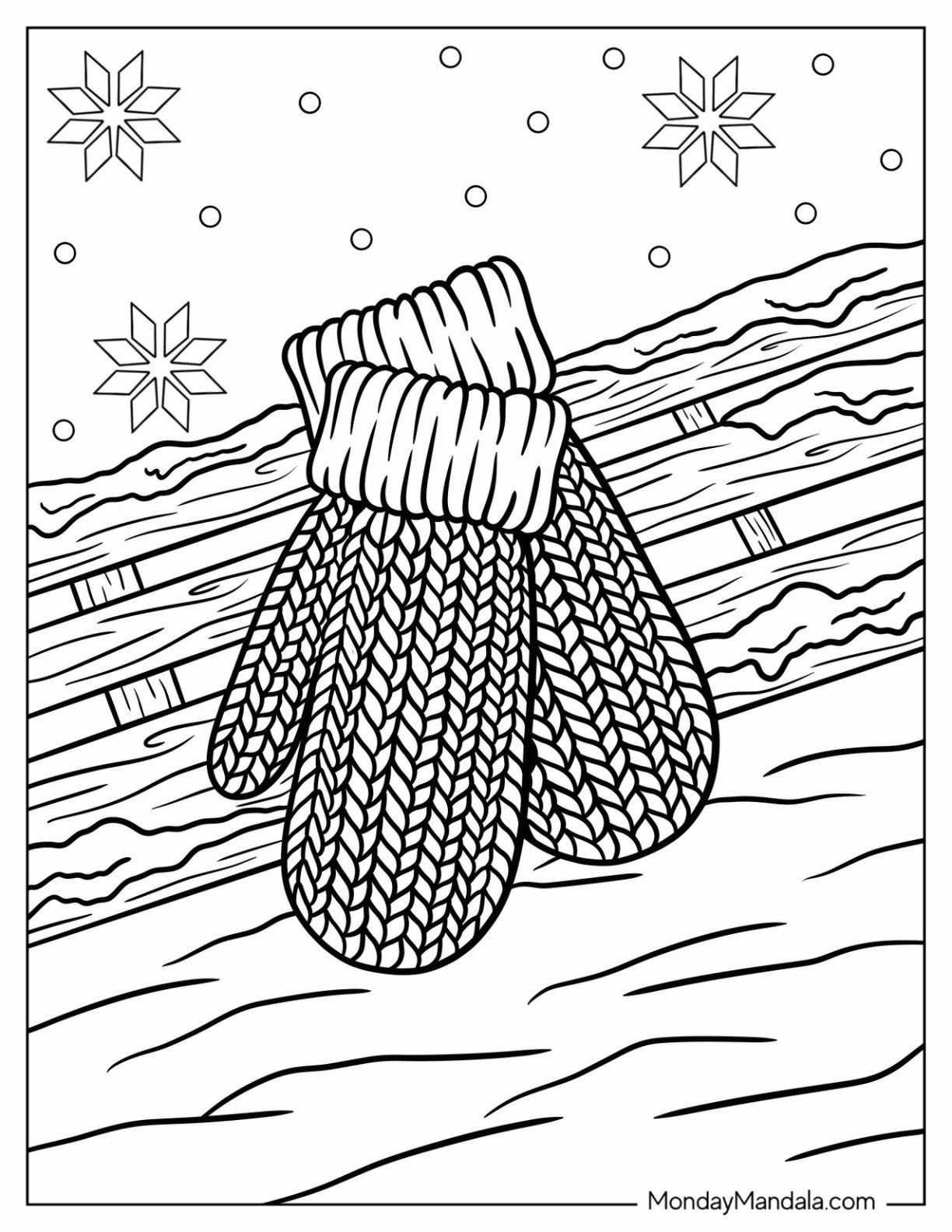 Realistic Knitted Mittens Coloring Page on Wood