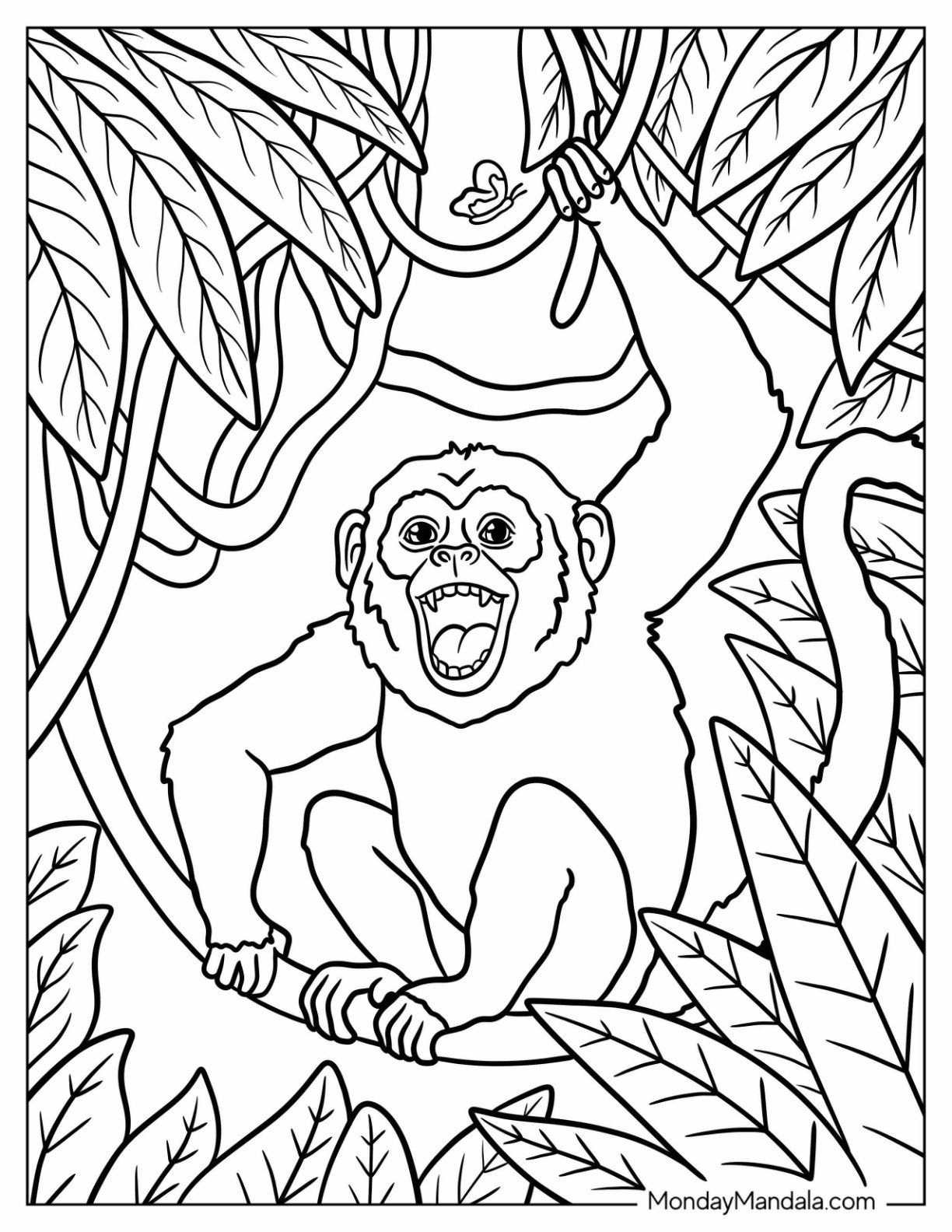 Realistic Laughing Monkey Coloring Page on a Tree Branch