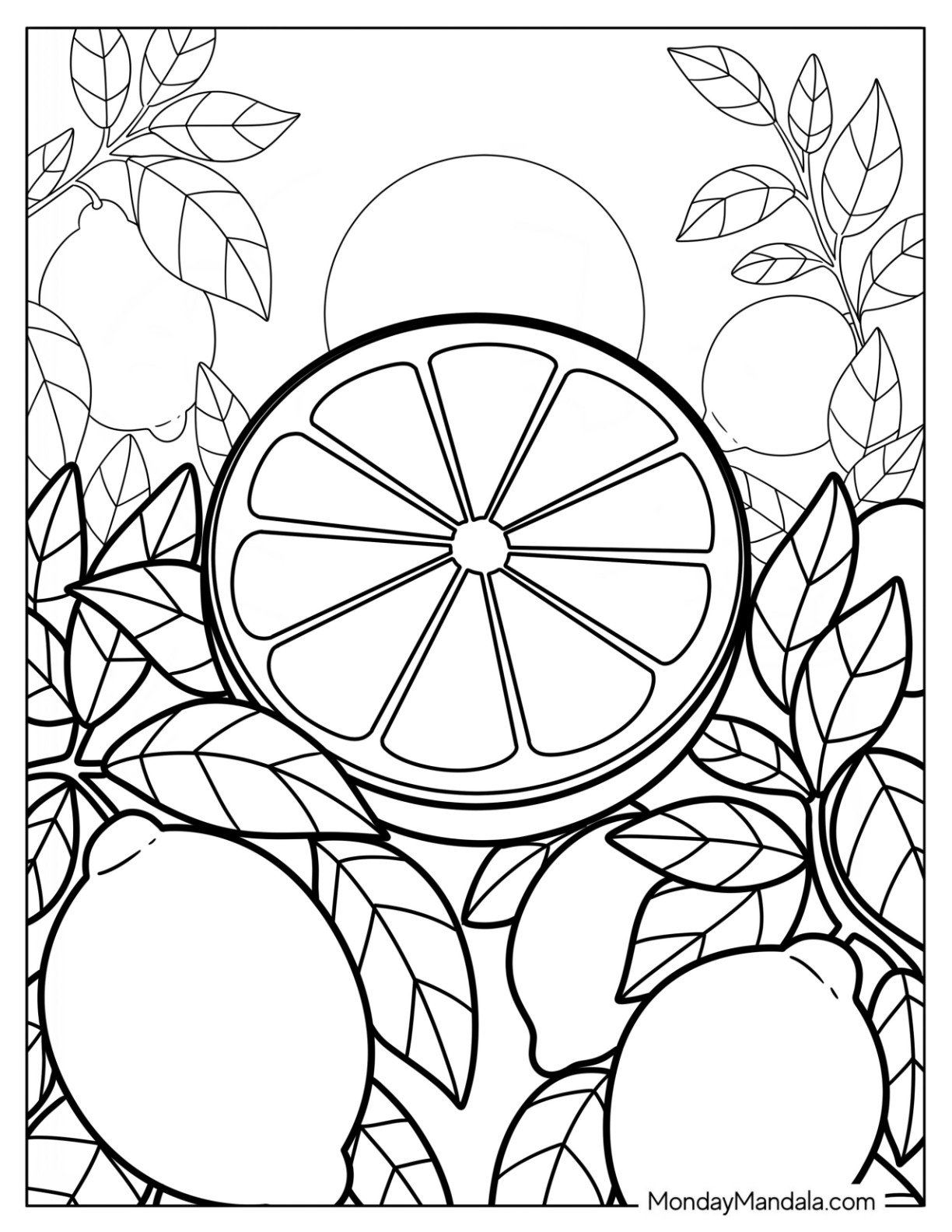 Realistic Lemon Coloring Page Slice on Leaves for Kids