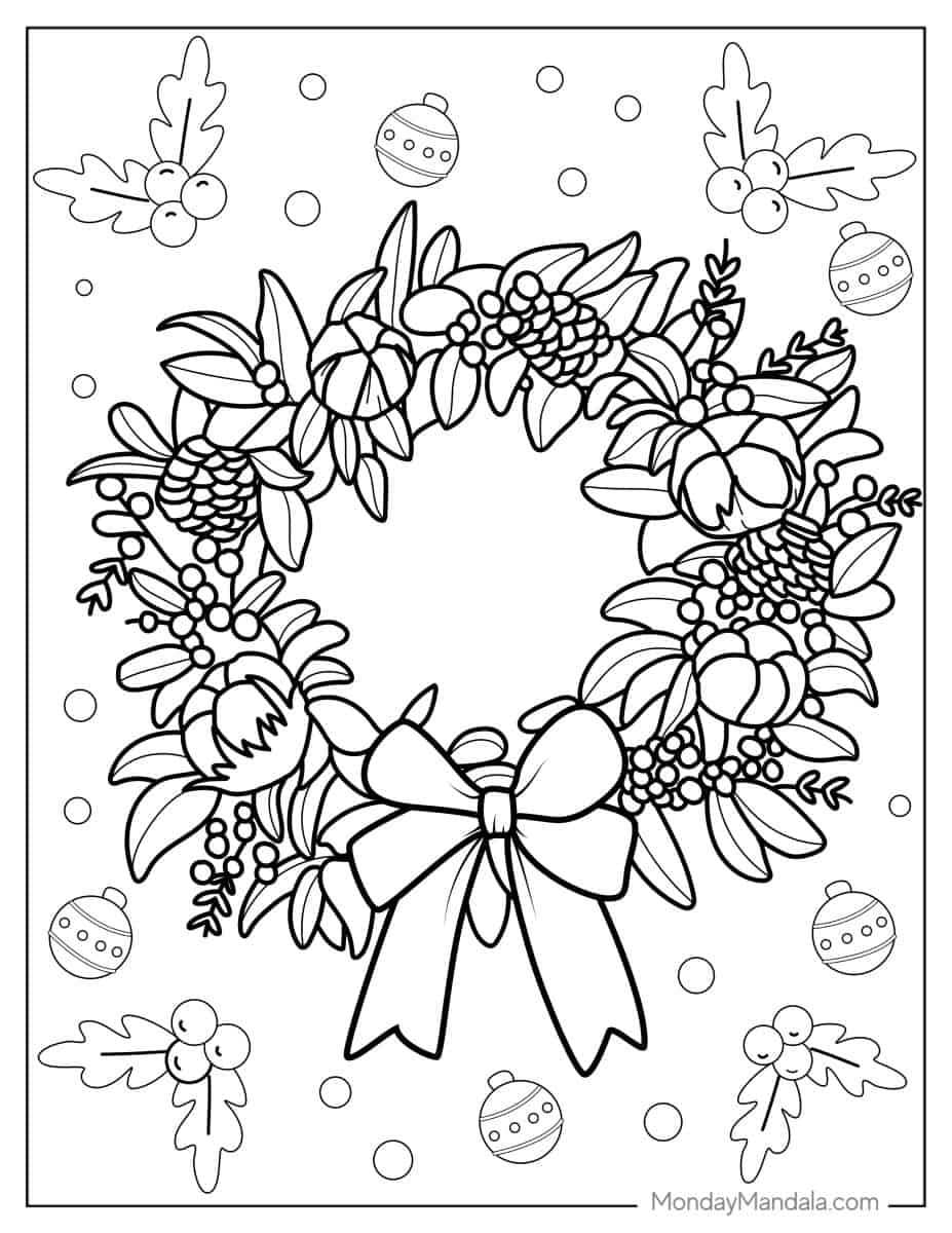 33 Christmas Wreath Coloring Pages (Free PDF Printables)