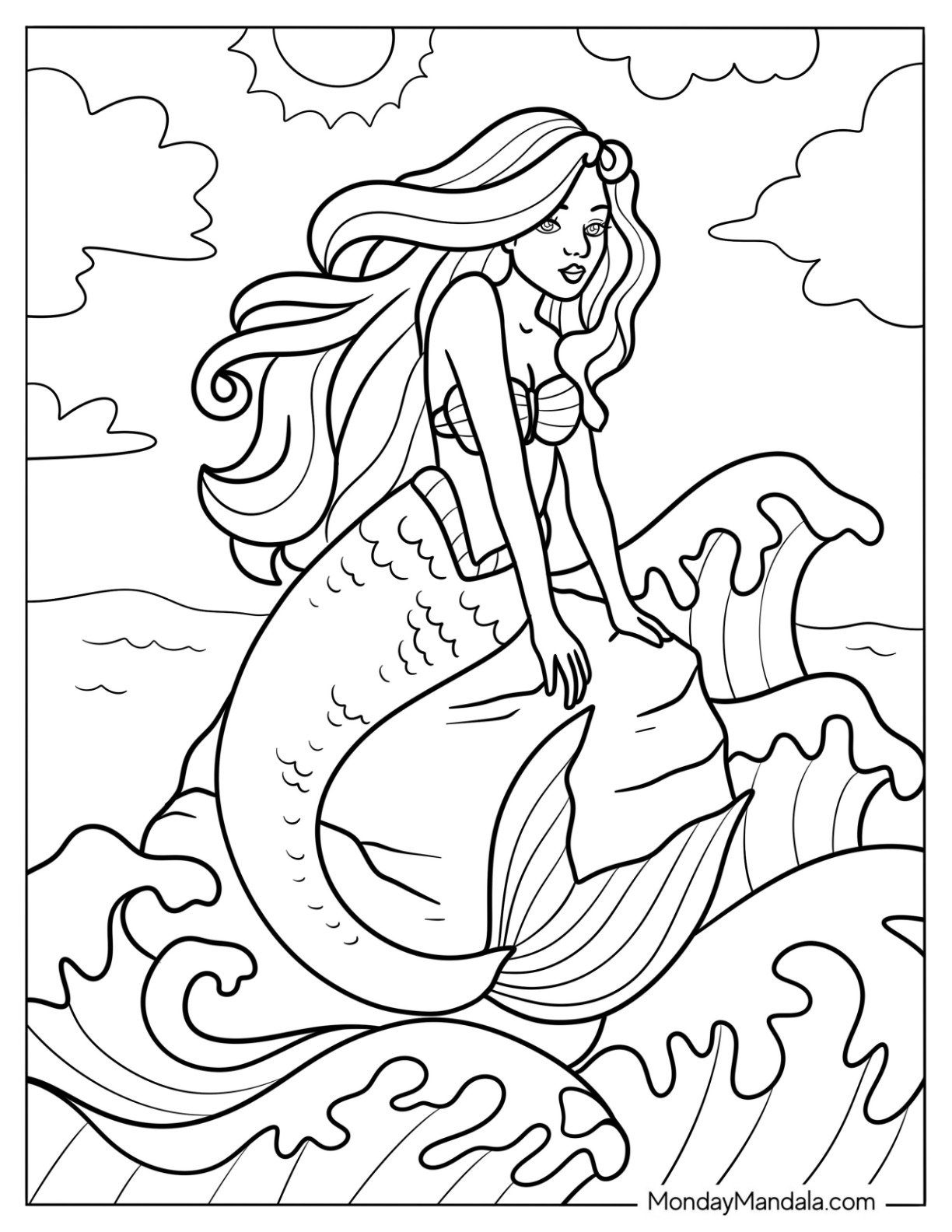 Realistic Mermaid Coloring Page Sitting on a Rock with Crashing Waves