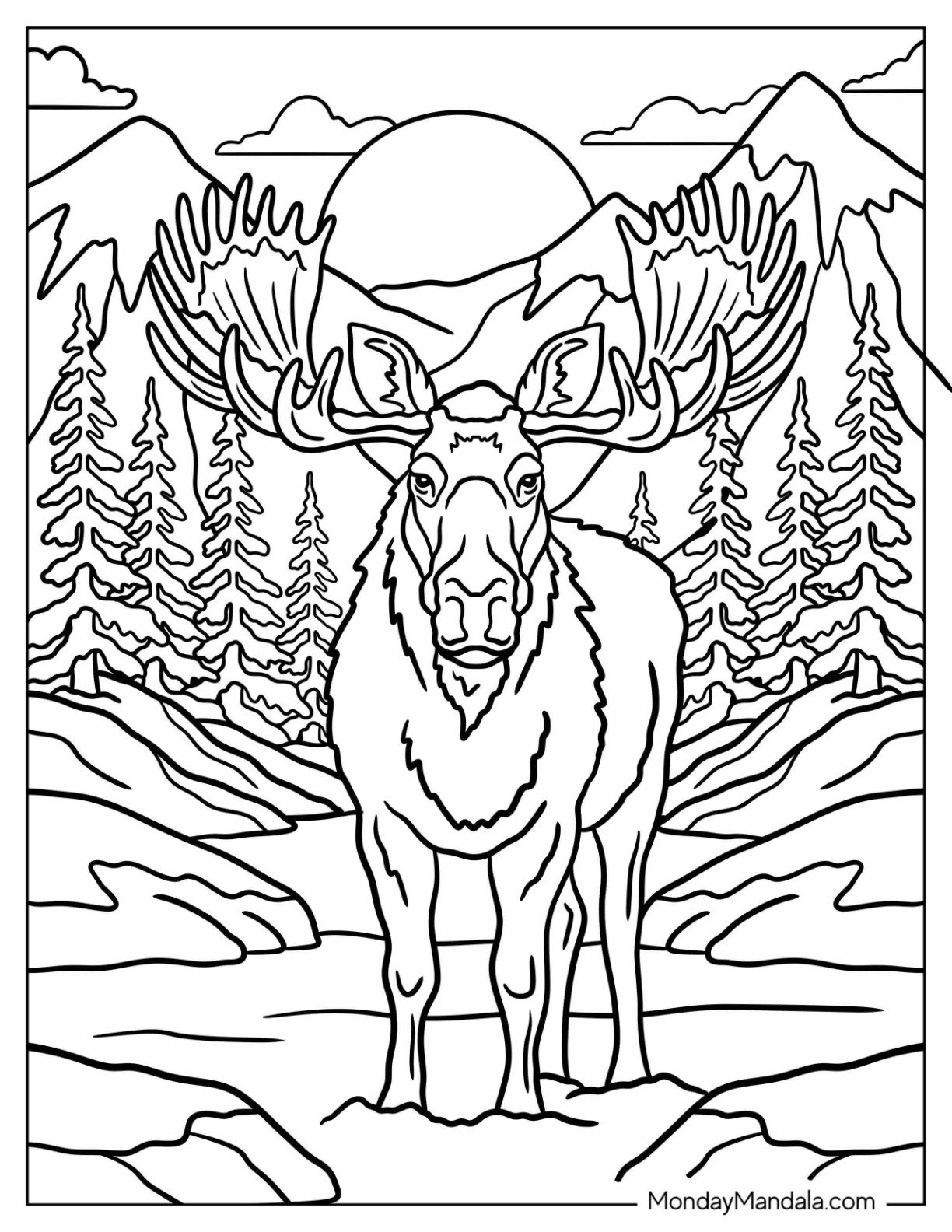 Realistic Moose Standing in the River Coloring Sheet