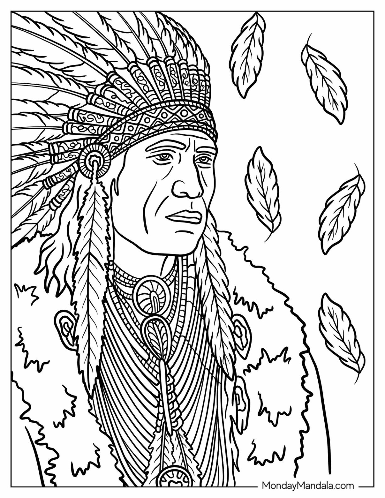 Realistic Native American Coloring Page of Chief in Traditional Feather Headdress with Falling Feathers