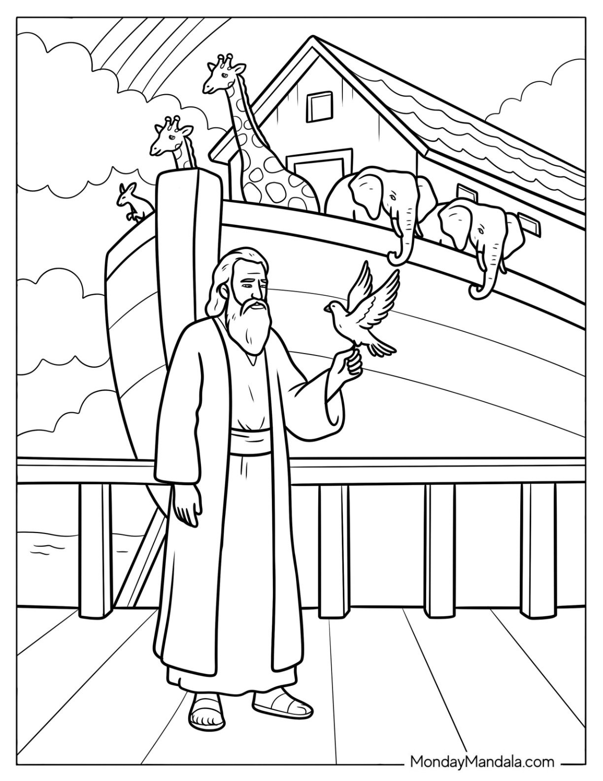 Realistic Noah's Ark Coloring Page with the Dove and the Olive Branch