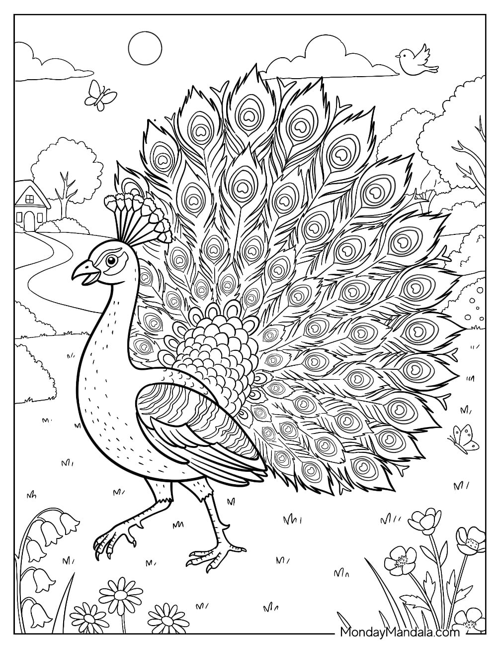 Realistic Peacock with Massive Tail Walking in a Field