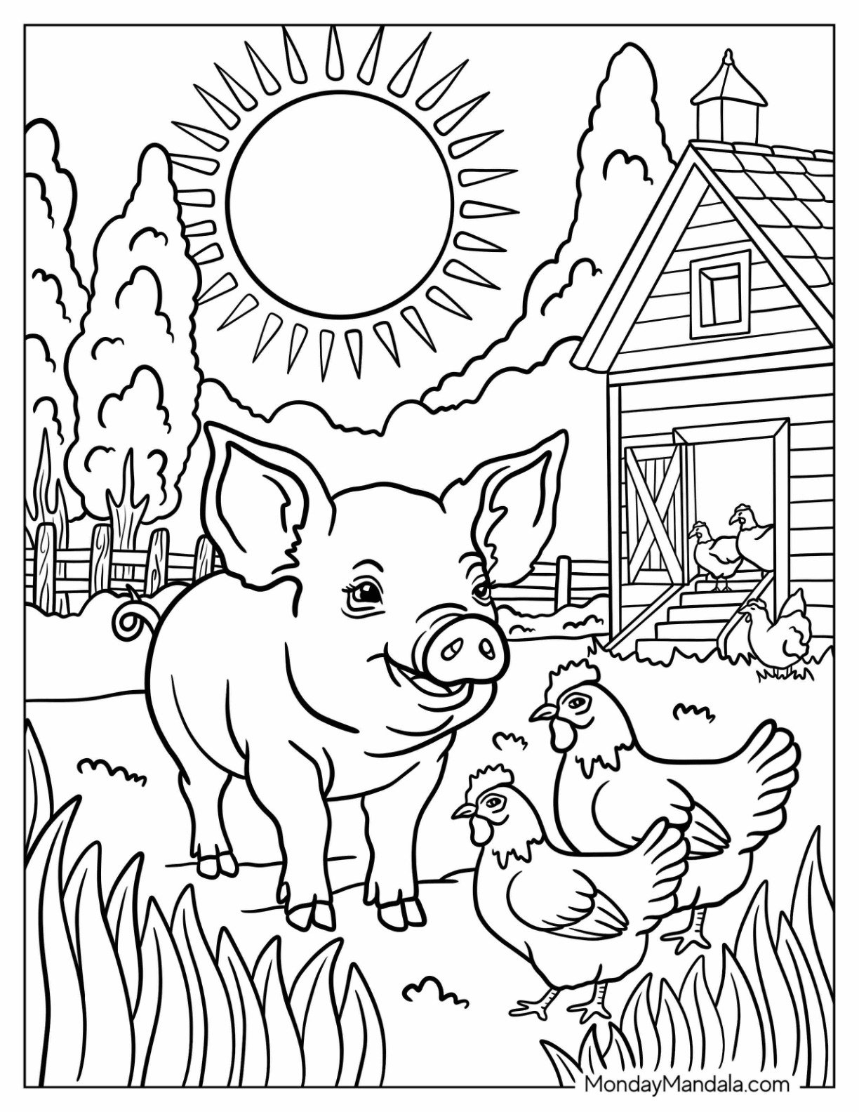 Realistic Pig Coloring Page with Chickens in Farm Barn
