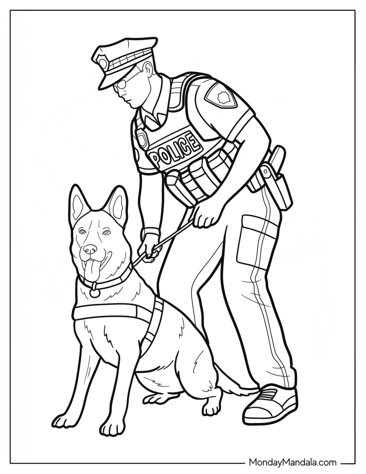 Realistic Police Coloring Page with K9 Unit on Duty