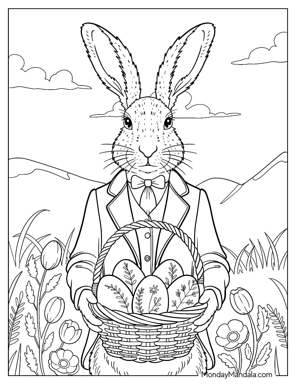 Easter For Adults Coloring Page of Realistic Rabbit Carrying Basket of Easter Eggs
