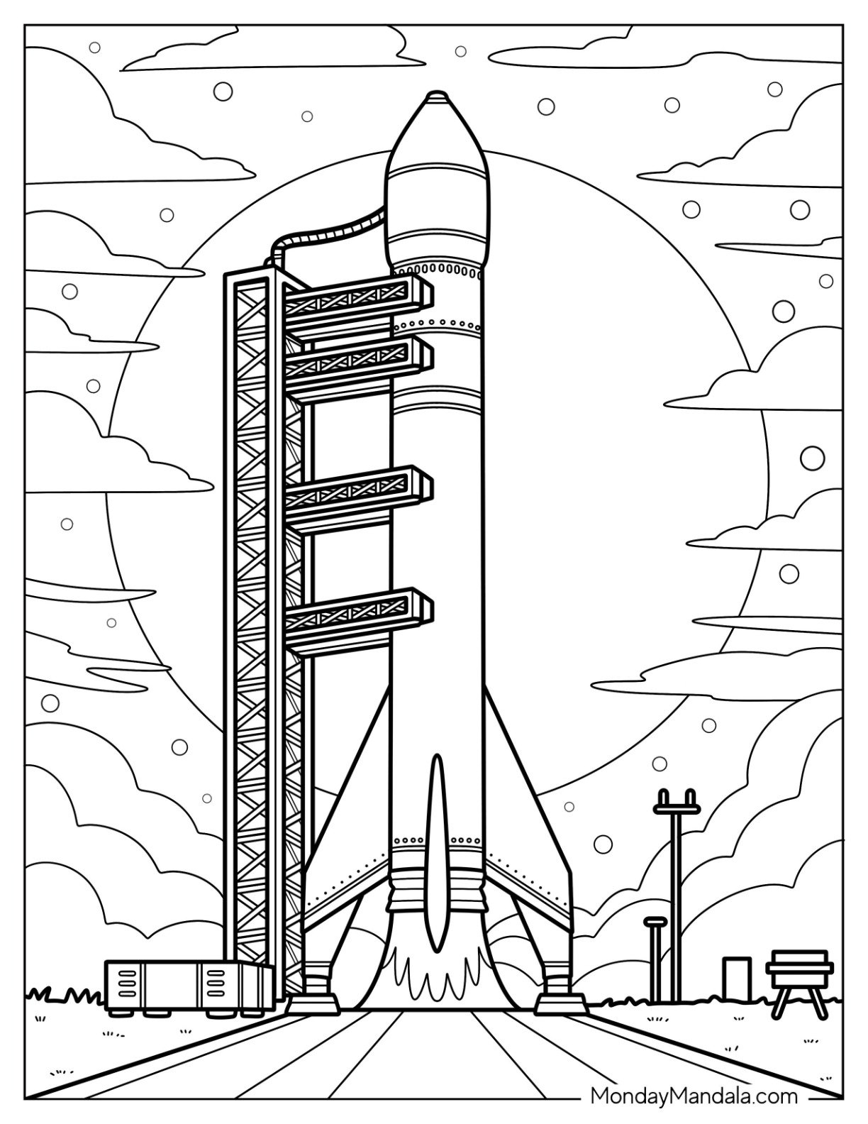Realistic Rocket Coloring Page About to Launch with Sun in the Background