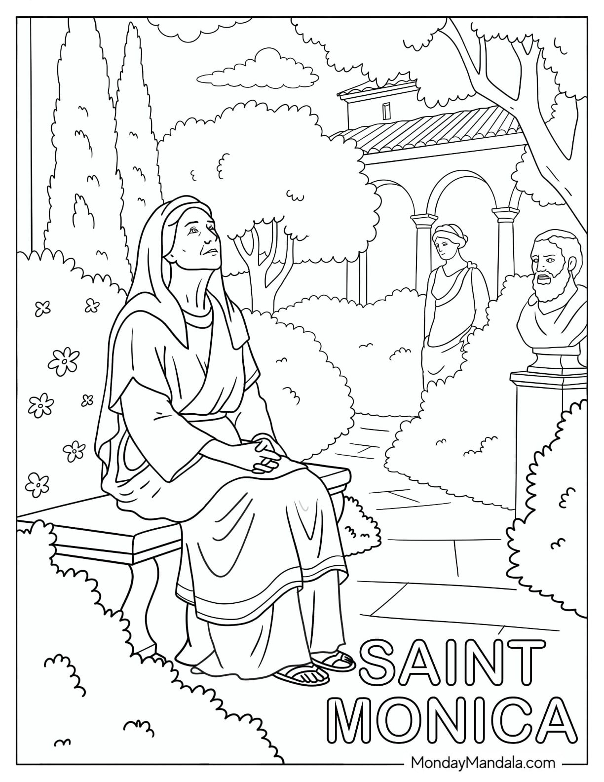 Realistic Saint Coloring Page of Monica Praying in the Garden