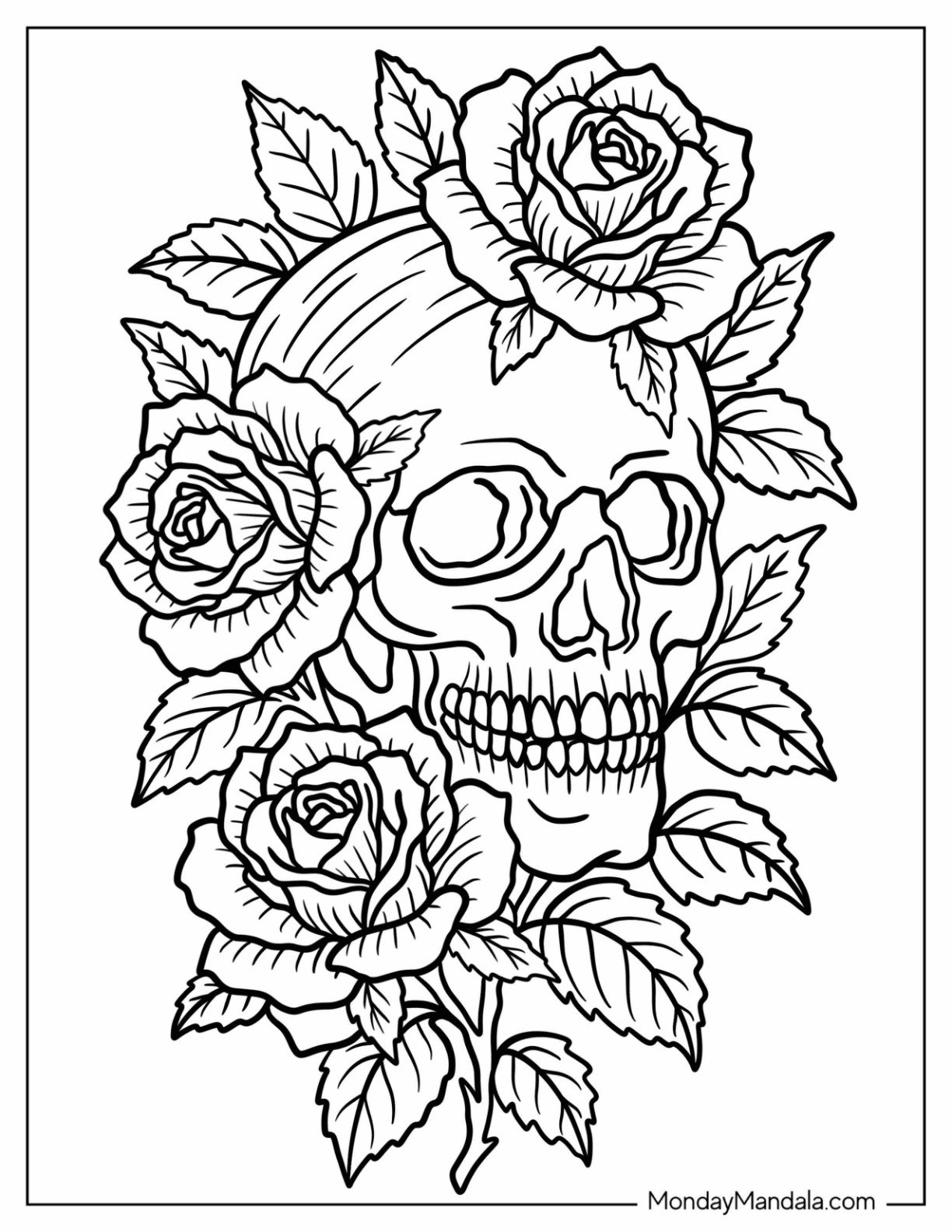 Realistic Skull Covered in Large Rose Coloring Page and Leaves