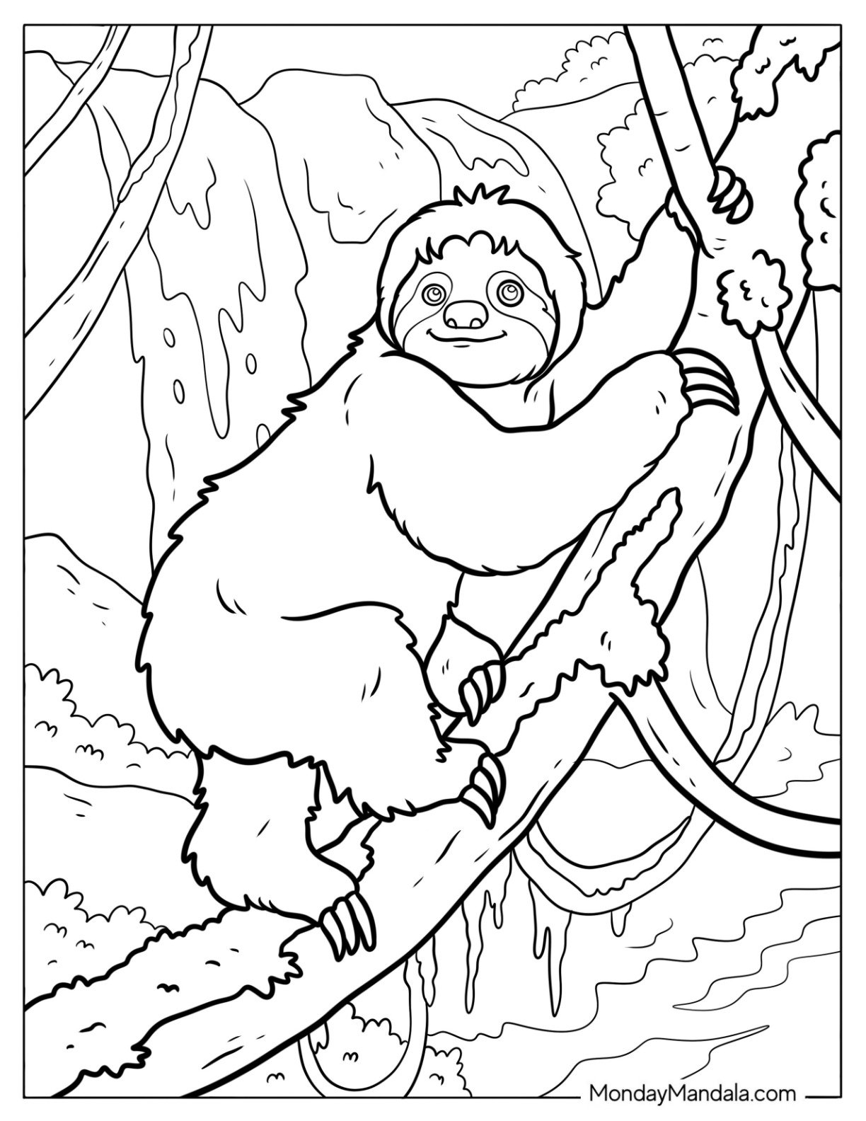 Realistic Sloth Coloring Page Climbing a Tree
