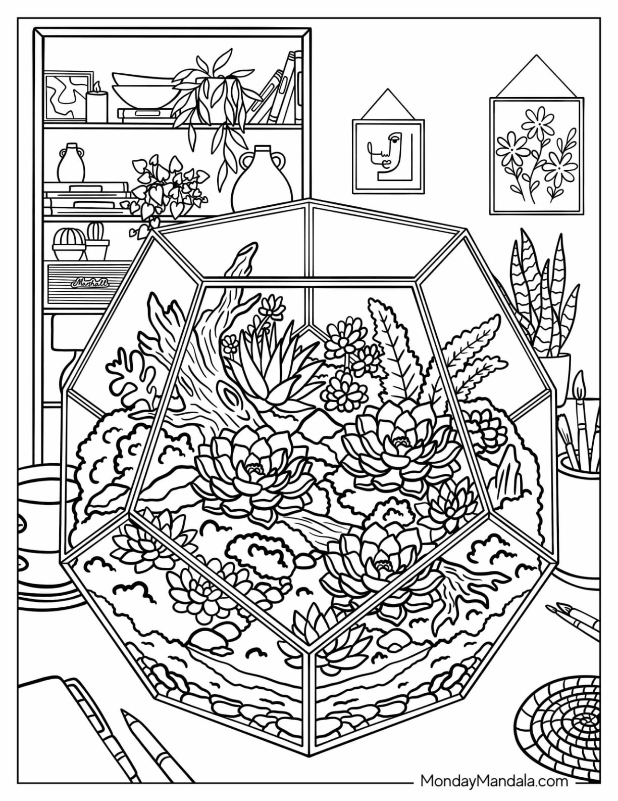 Realistic Succulents in a Geometric Terrarium Coloring Page
