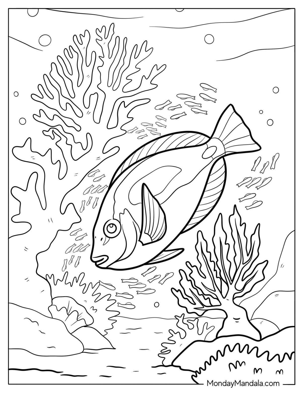 Fish Coloring Page of Realistic Tang Fish Swimming Through Coral Reef