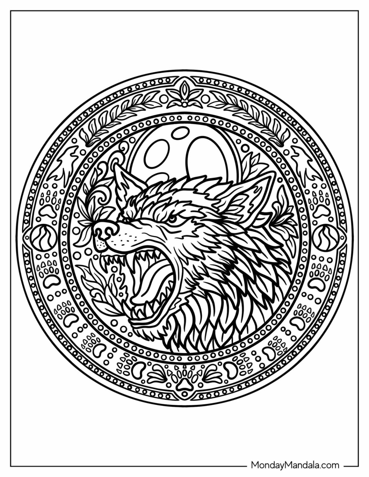 Realistic Werewolf Coloring Page inside a Mandala with Paws and Leaves