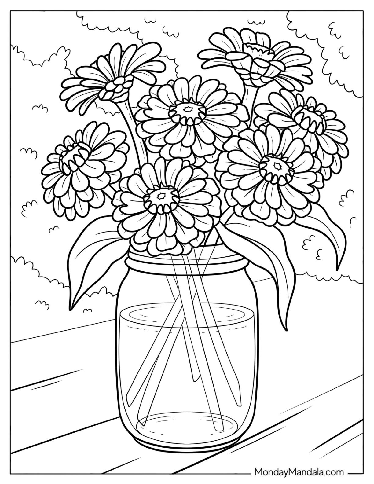 Flower Coloring Page of Realistic Zinnias in a Mason Jar on a Picnic Table