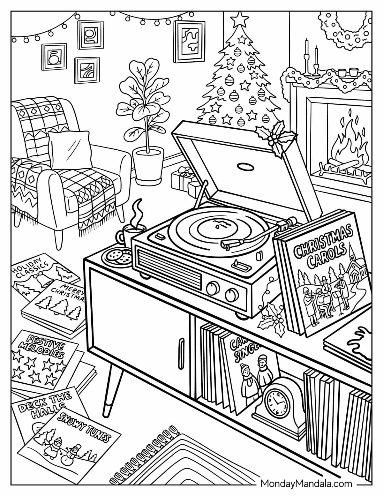 Record Player with Holiday Music, Christmas Tree, and Cozy Fireplace Christmas for Adults Coloring Page