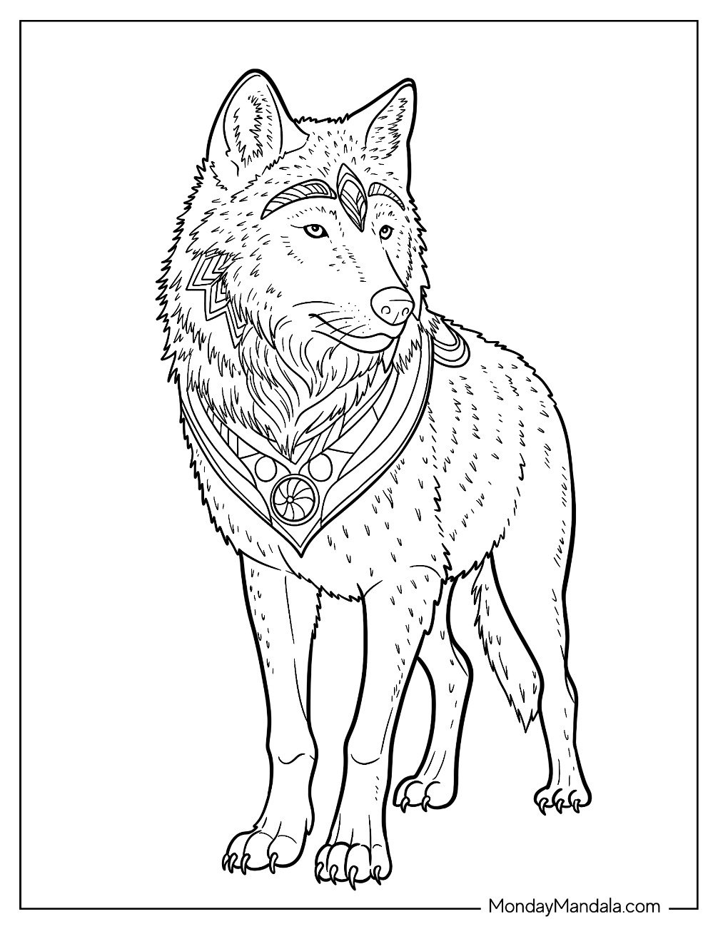 Regal Wolf Coloring Page with Jewelry and Decorative Markings