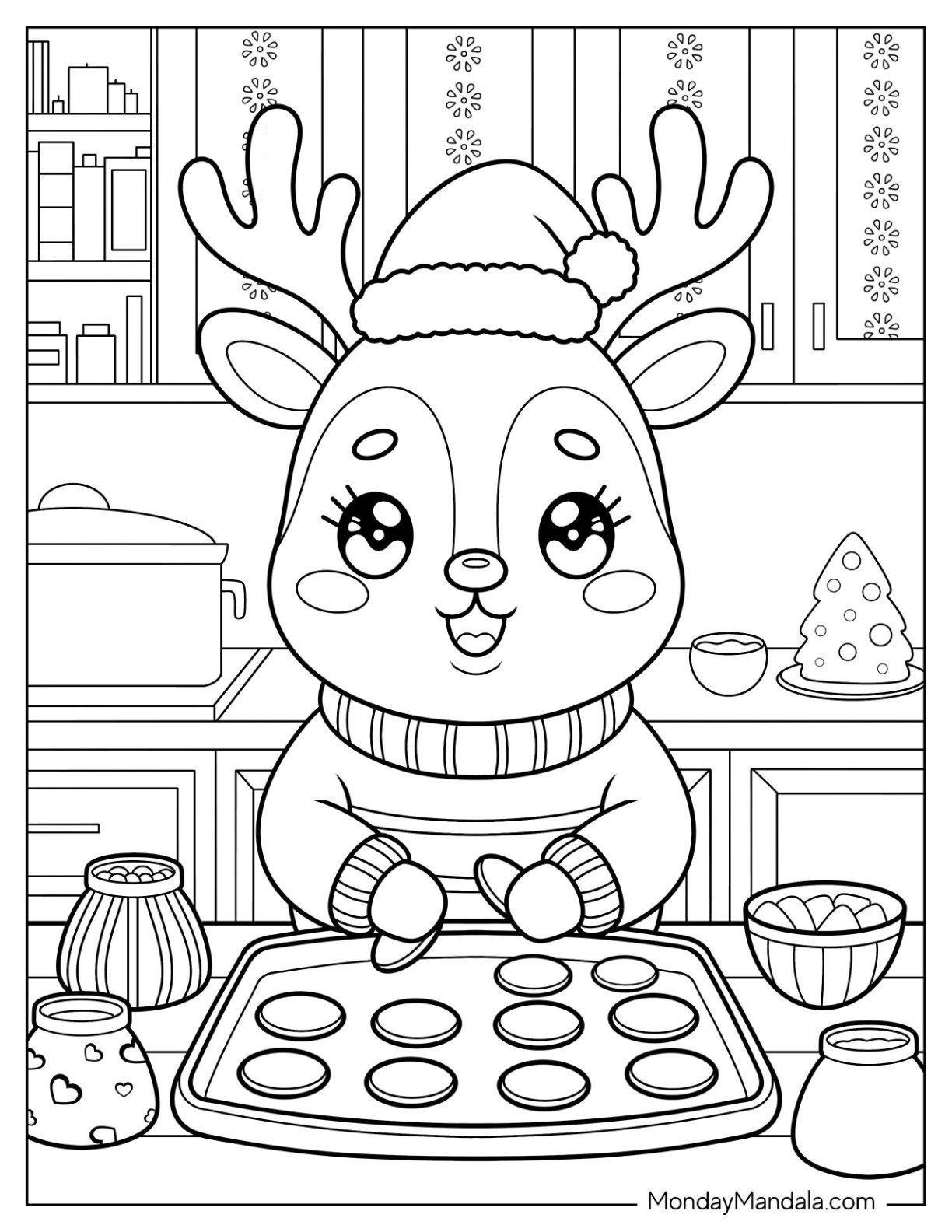 Reindeer Baking Cookies on Christmas Coloring Sheet