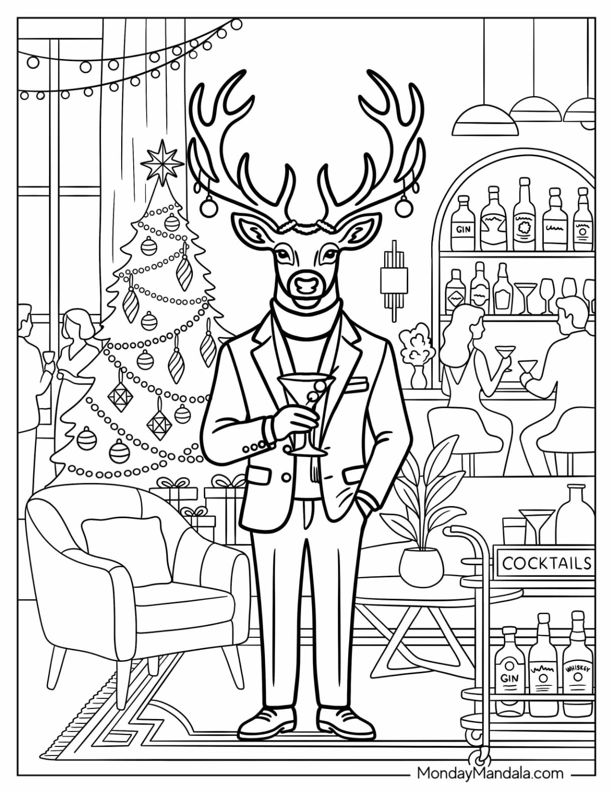 Reindeer Bartender Serving Cocktails in a Festive Bar Christmas for Adults Coloring Page