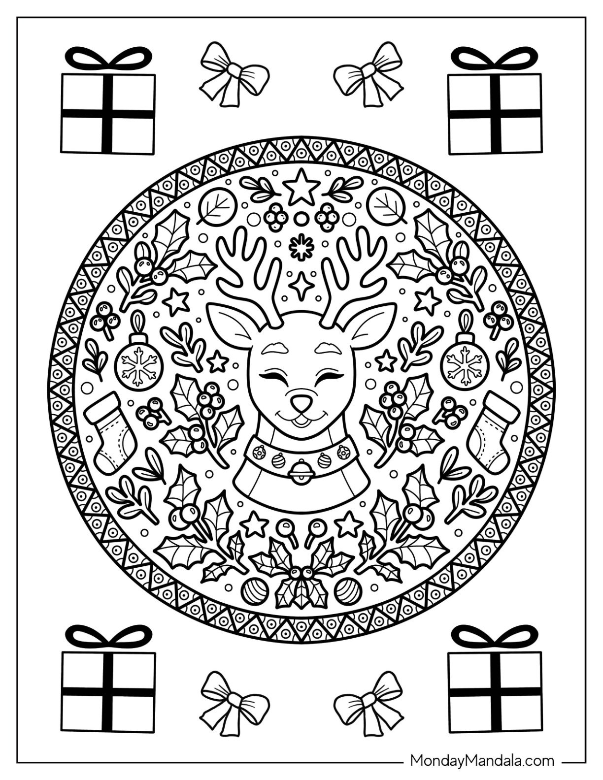 Reindeer Mandala With Baubles, Stockings, Hollies, and Laurels