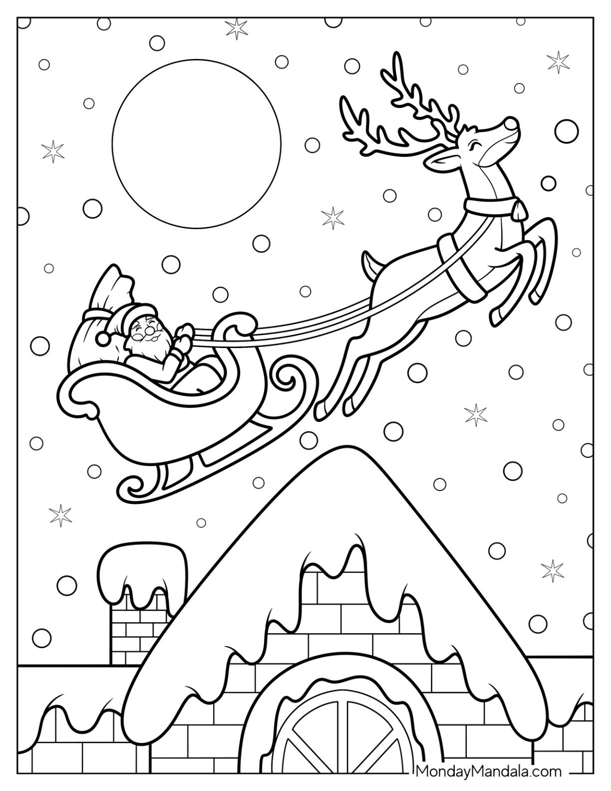 Reindeer Pulling Santa s Sleigh Above A House Coloring Sheet