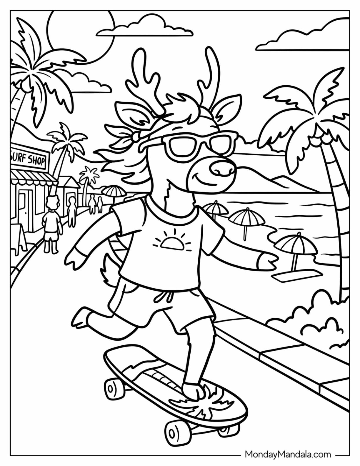 Reindeer Skateboarding at the Beach for Christmas in July Coloring Page for Kids