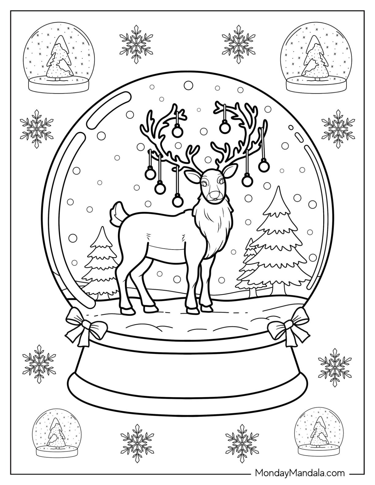 Reindeer Snow Globe With Snowflakes Coloring Page