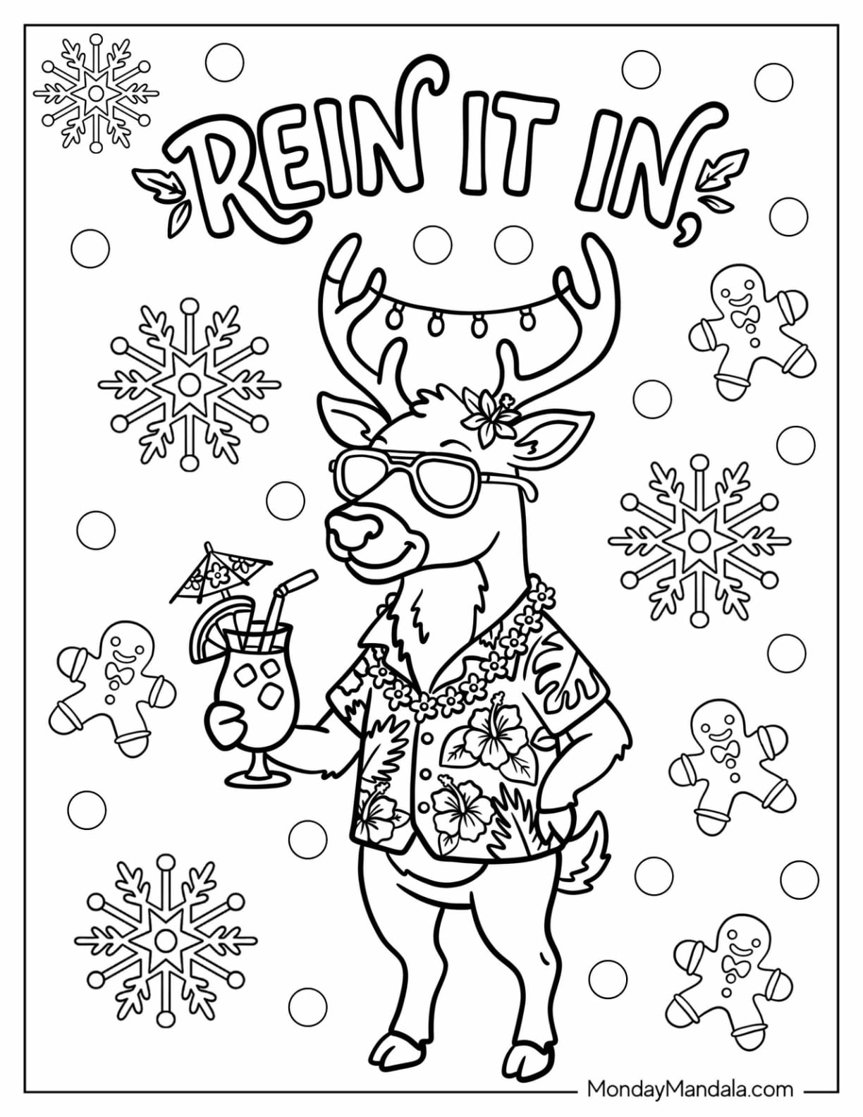 Reindeer Wearing Sunglasses and an Ugly Christmas Sweater for Adults Coloring Sheet