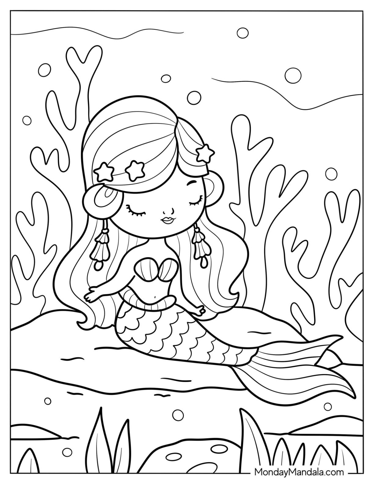 Relaxed Chibi Mermaid Coloring Page with Shell Earrings for Preschoolers