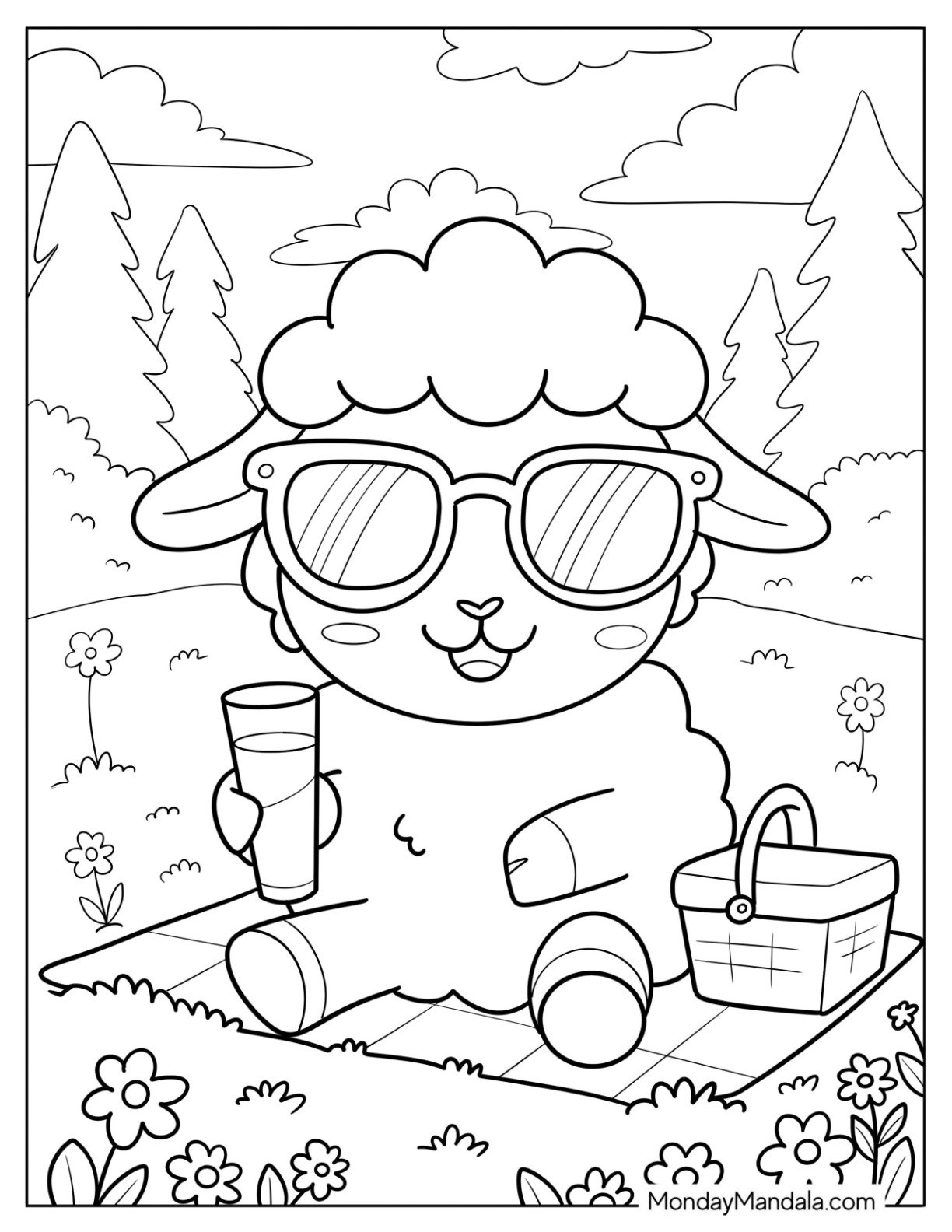 Relaxed Sheep Coloring Page Sipping Juice on a Sunny Day