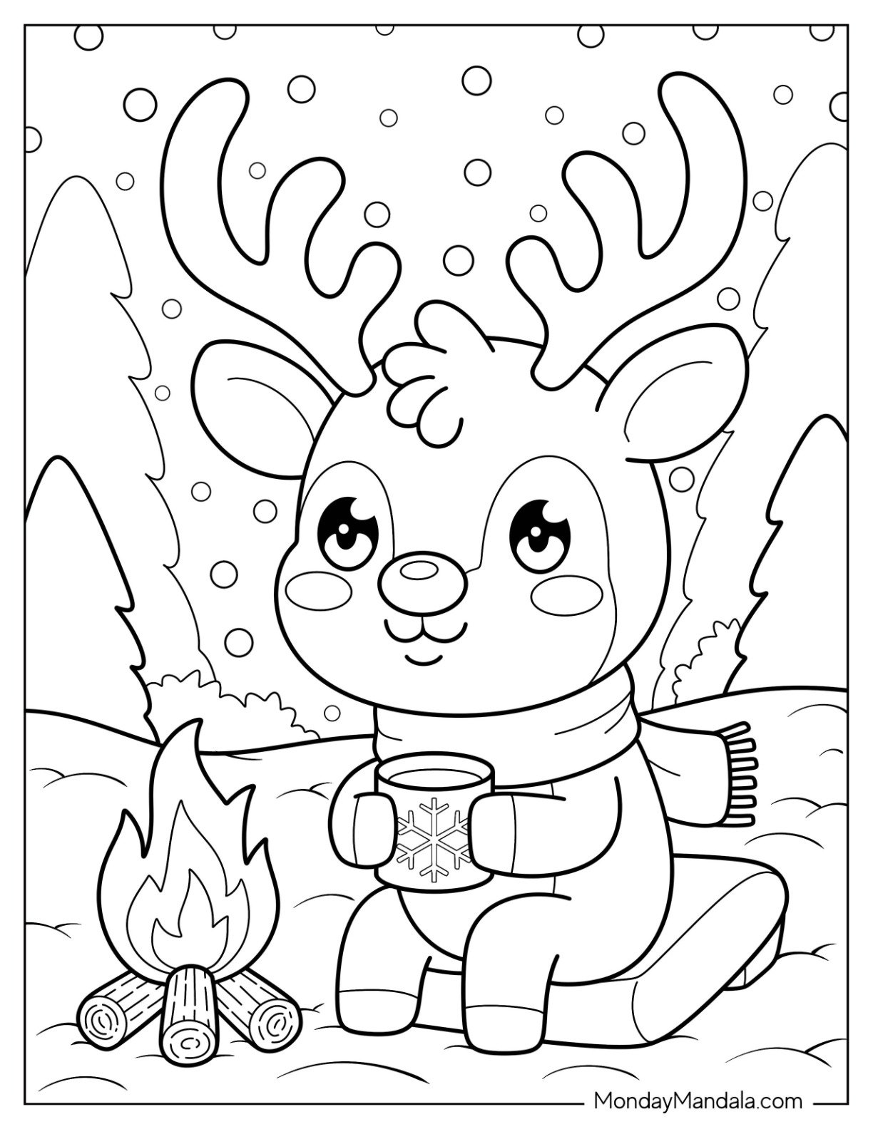 Relaxed Reindeer Holding Coffee Mug in Front of Bonfire Coloring Sheet