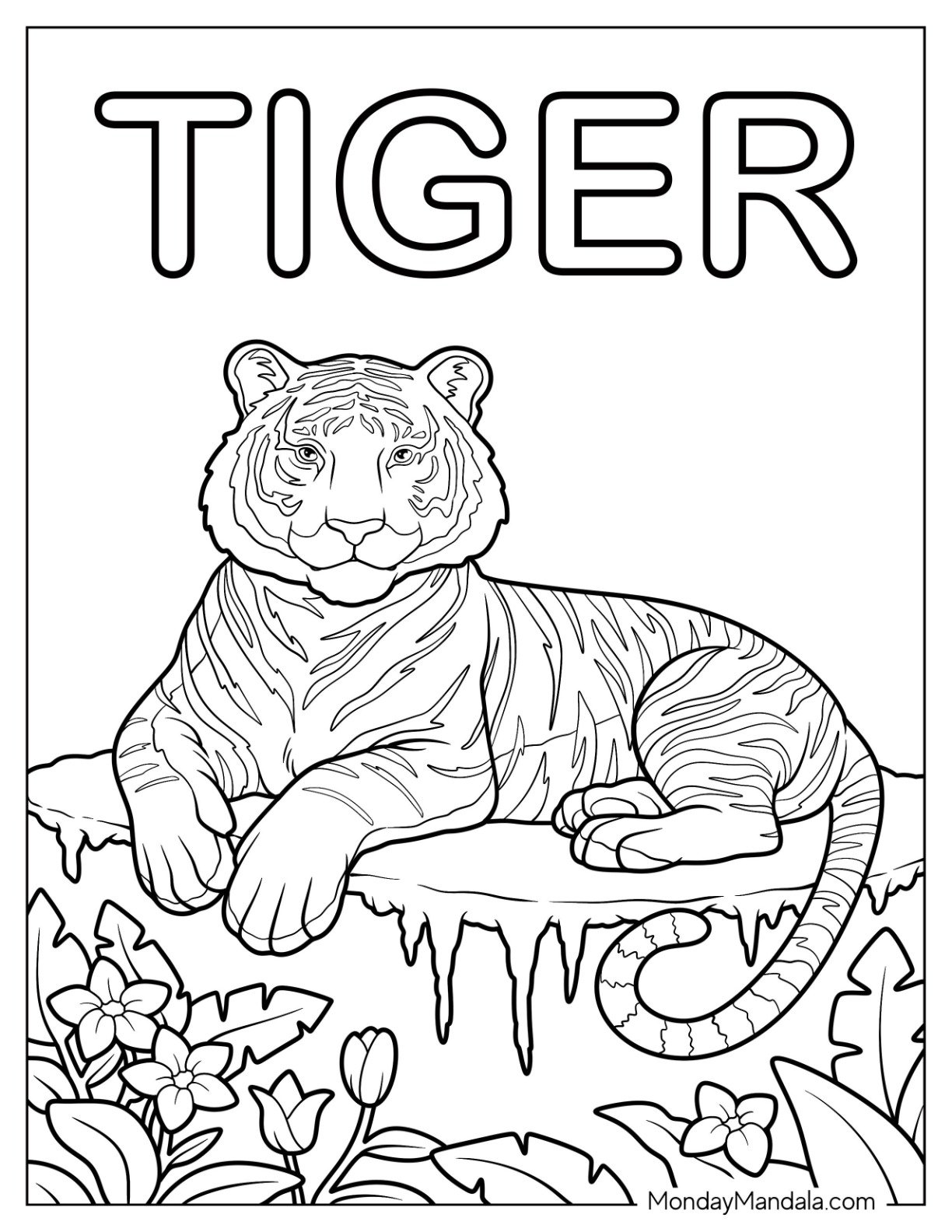Jungle Coloring Page of Relaxed Tiger Surrounded by Tropical Plants and Flowers for Kids